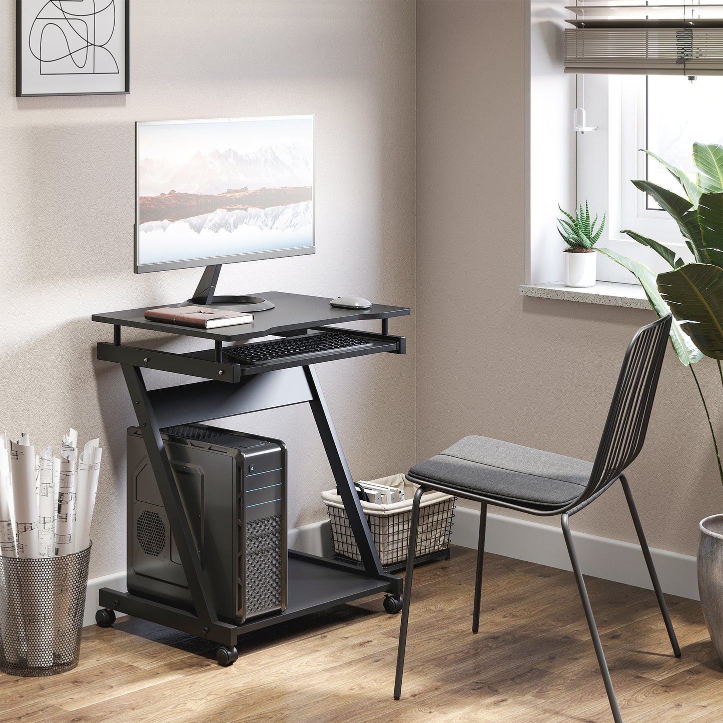AI62 Decor Movable Computer Desk with Keyboard Tray & Wheels – Black