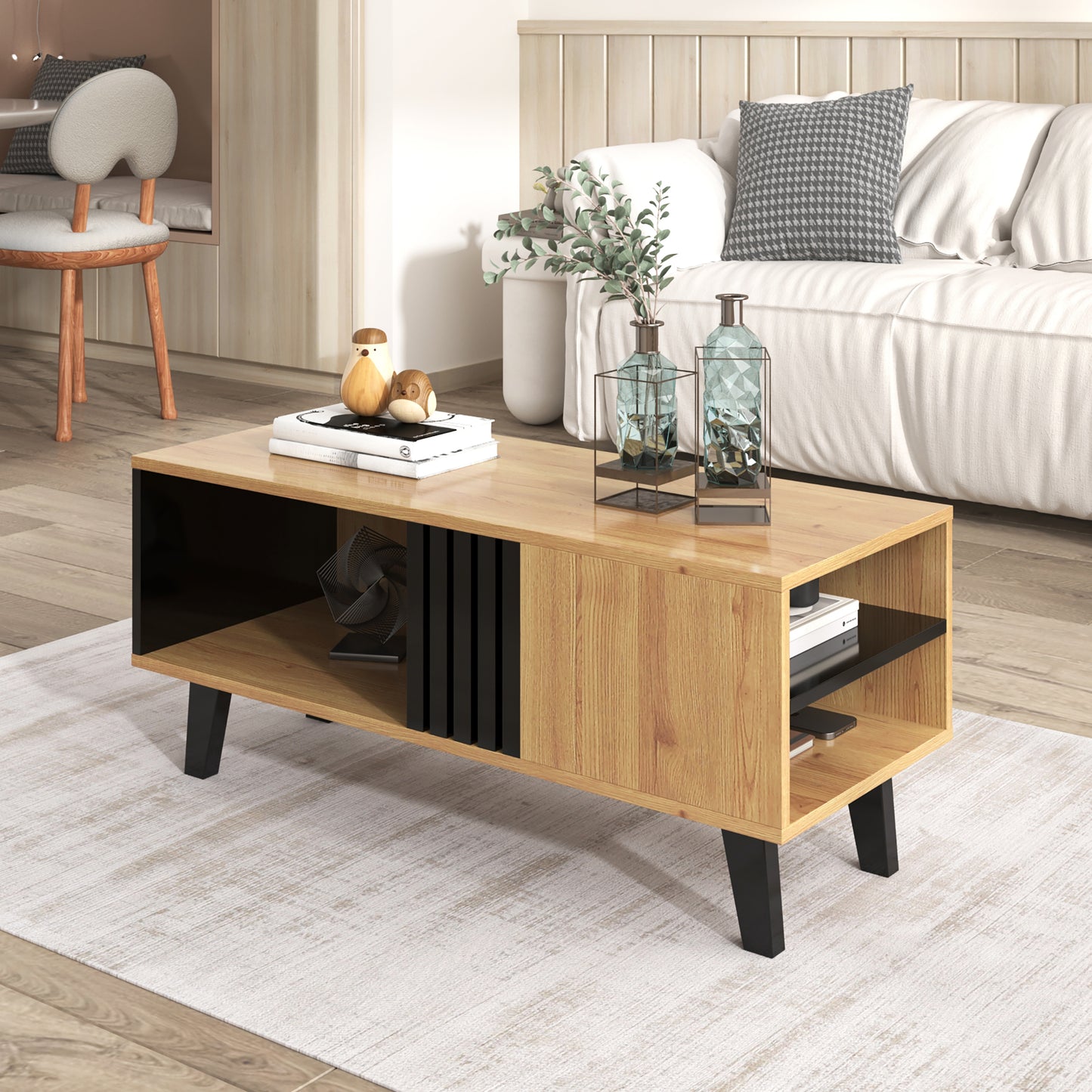 AI62 Decor  100x60x45 cm Coffee Table with Wood & Black Design