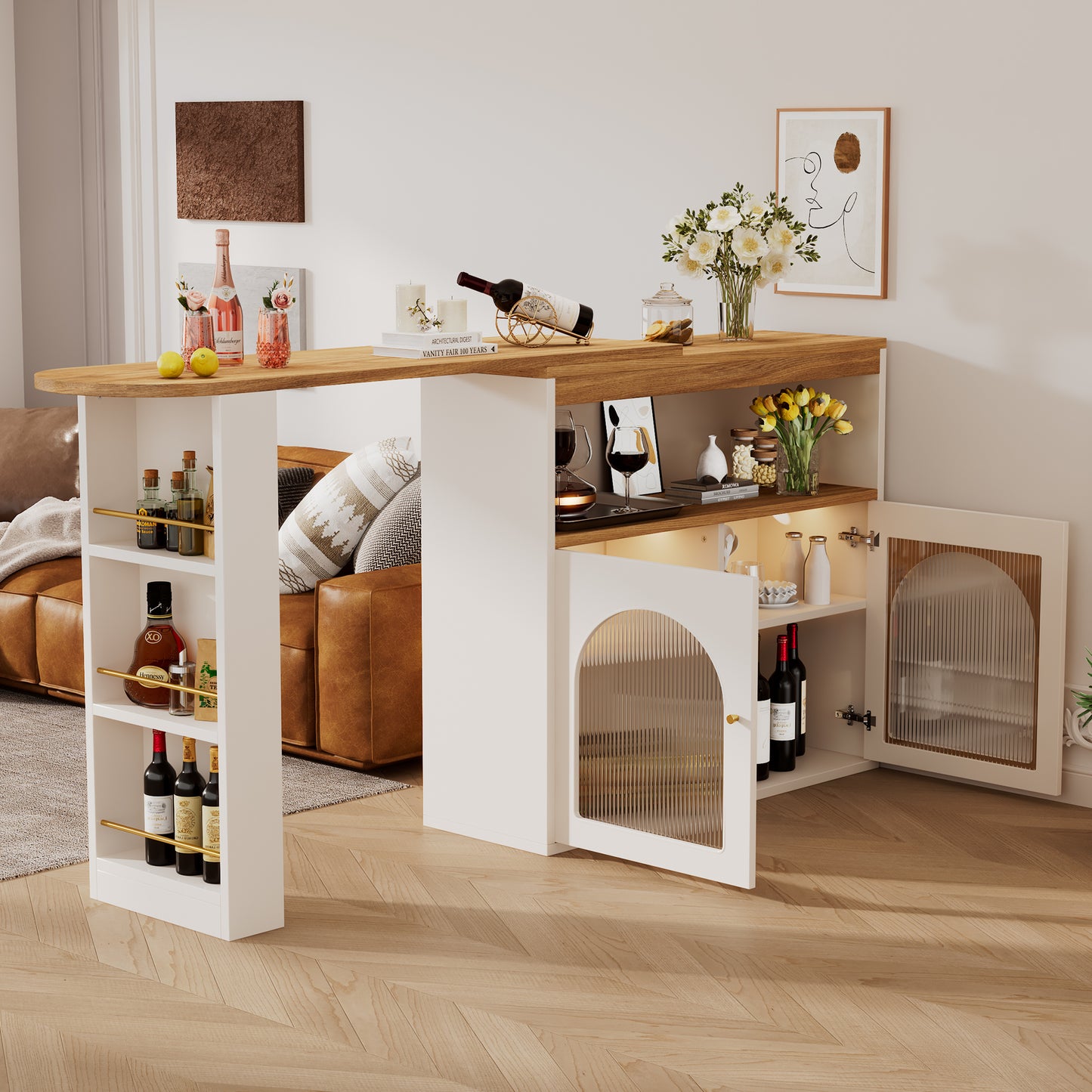 AI62 Decor White Modern Extendable Dining & Bar Table with Swivel & Adjustable LED Strip