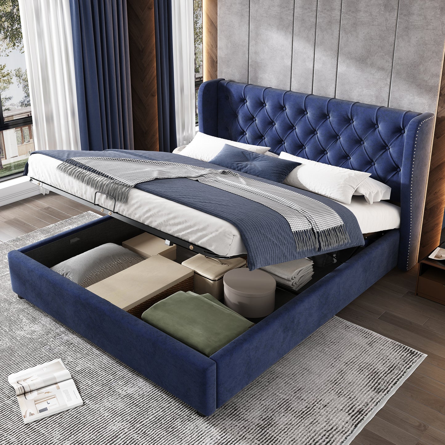 AI62 Decor Upholstered Storage Bed with Hydraulic Lift – 135 x 190 cm, Blue Velvet