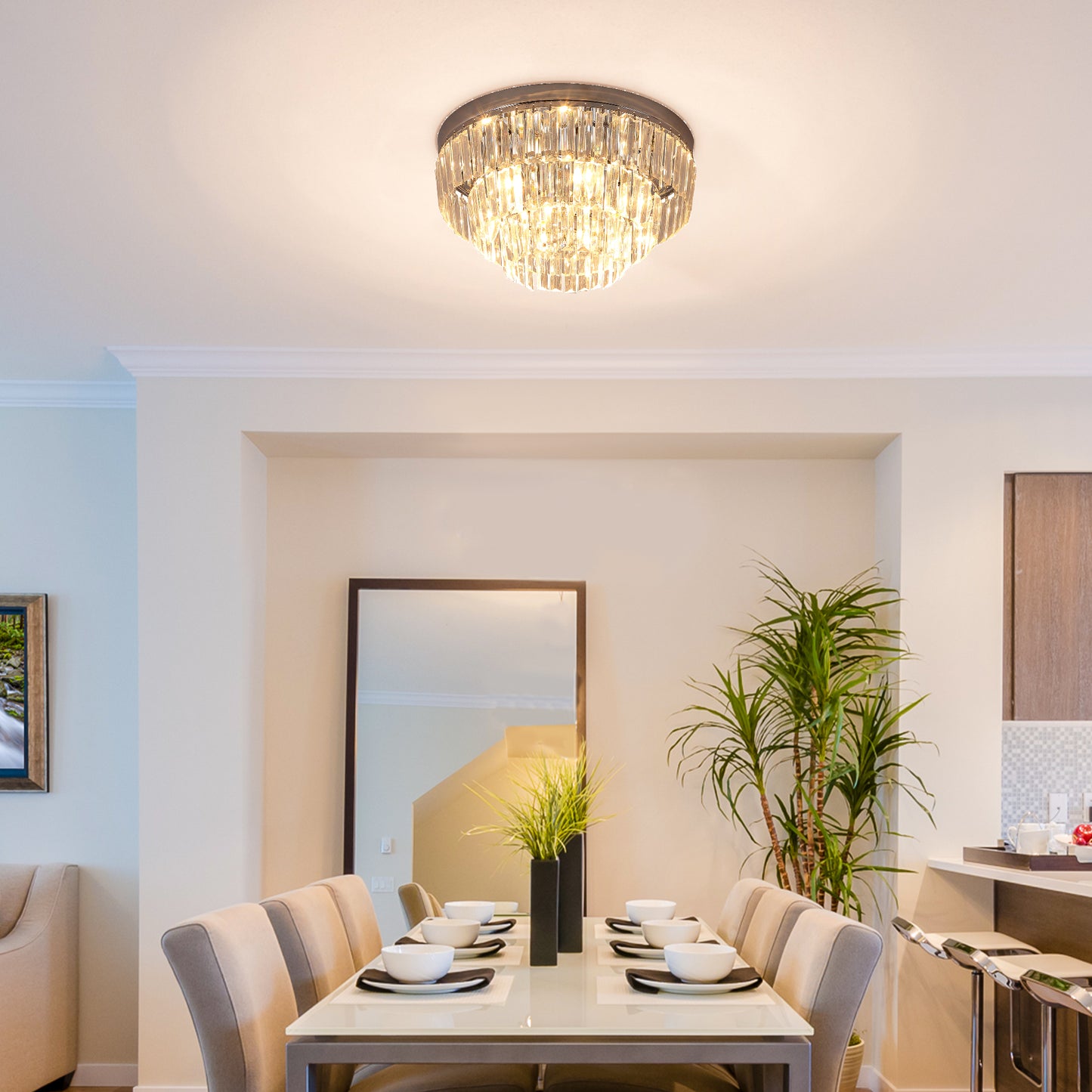 AI62 Decor Modern Crystal Flush Mount Ceiling Light with Polished Metal Base