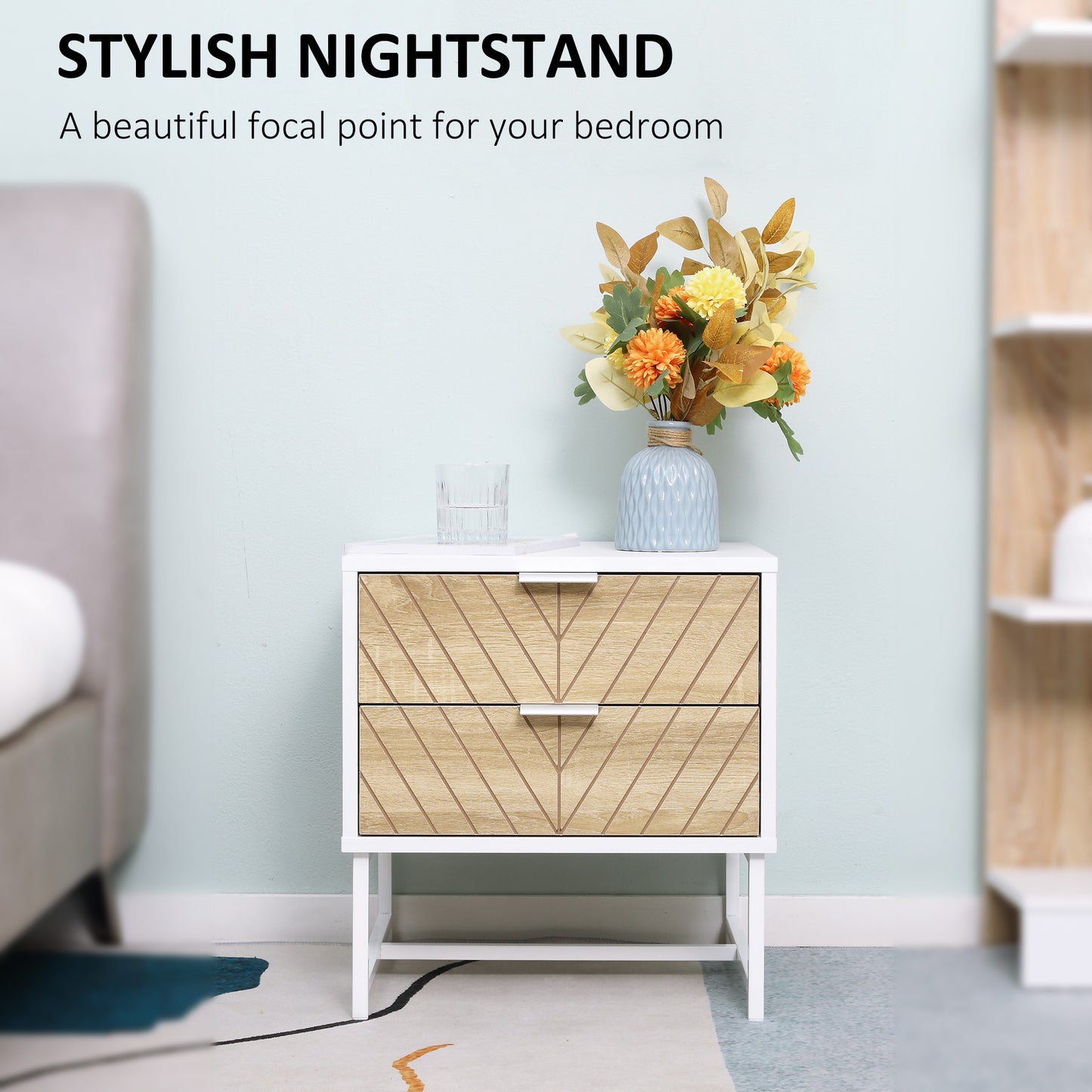 AI62 Decor2-Drawer Bedside Table with Metal Frame – White & Oak