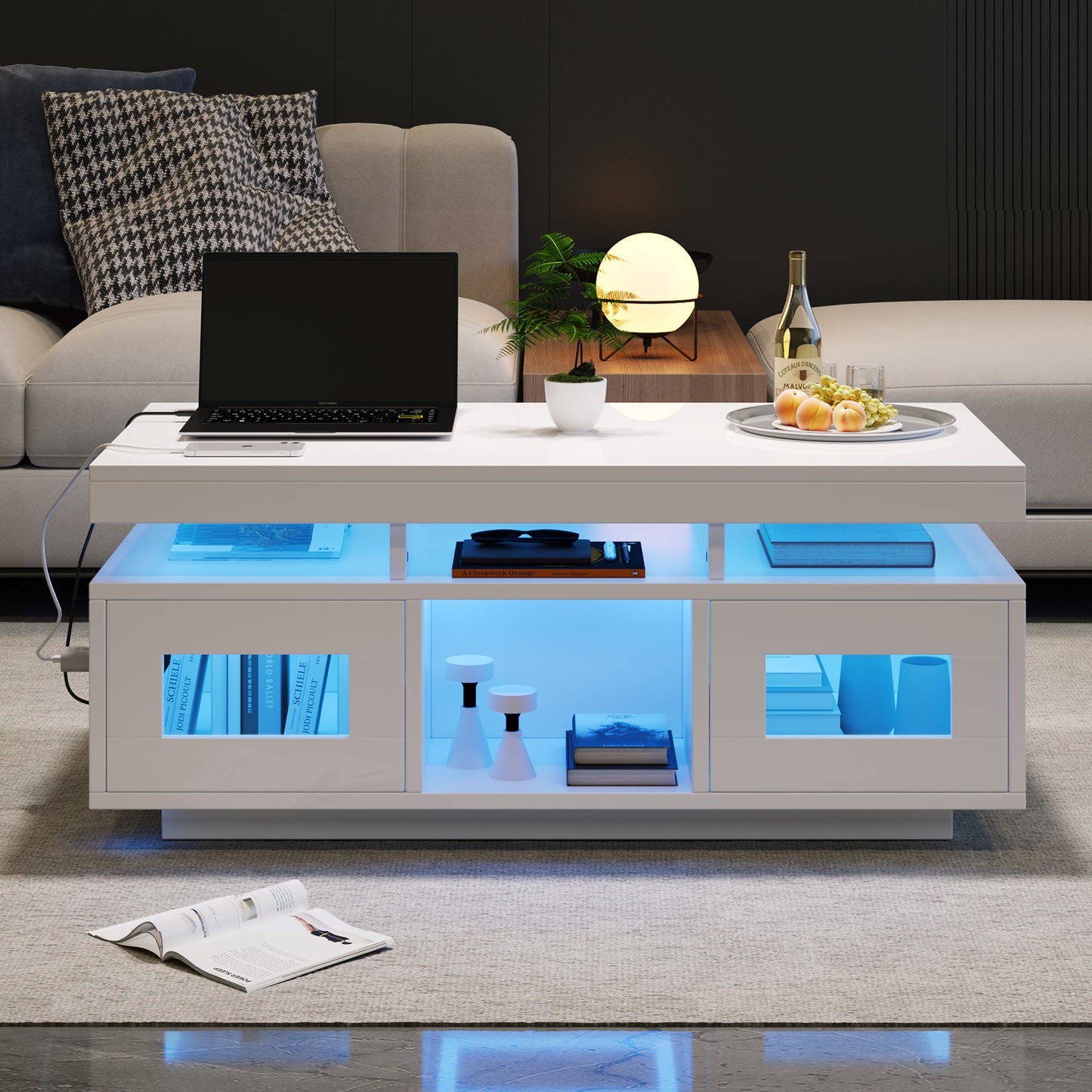 AI62 Decor High-Gloss LED Coffee Table with USB Ports & Storage Doors (White)