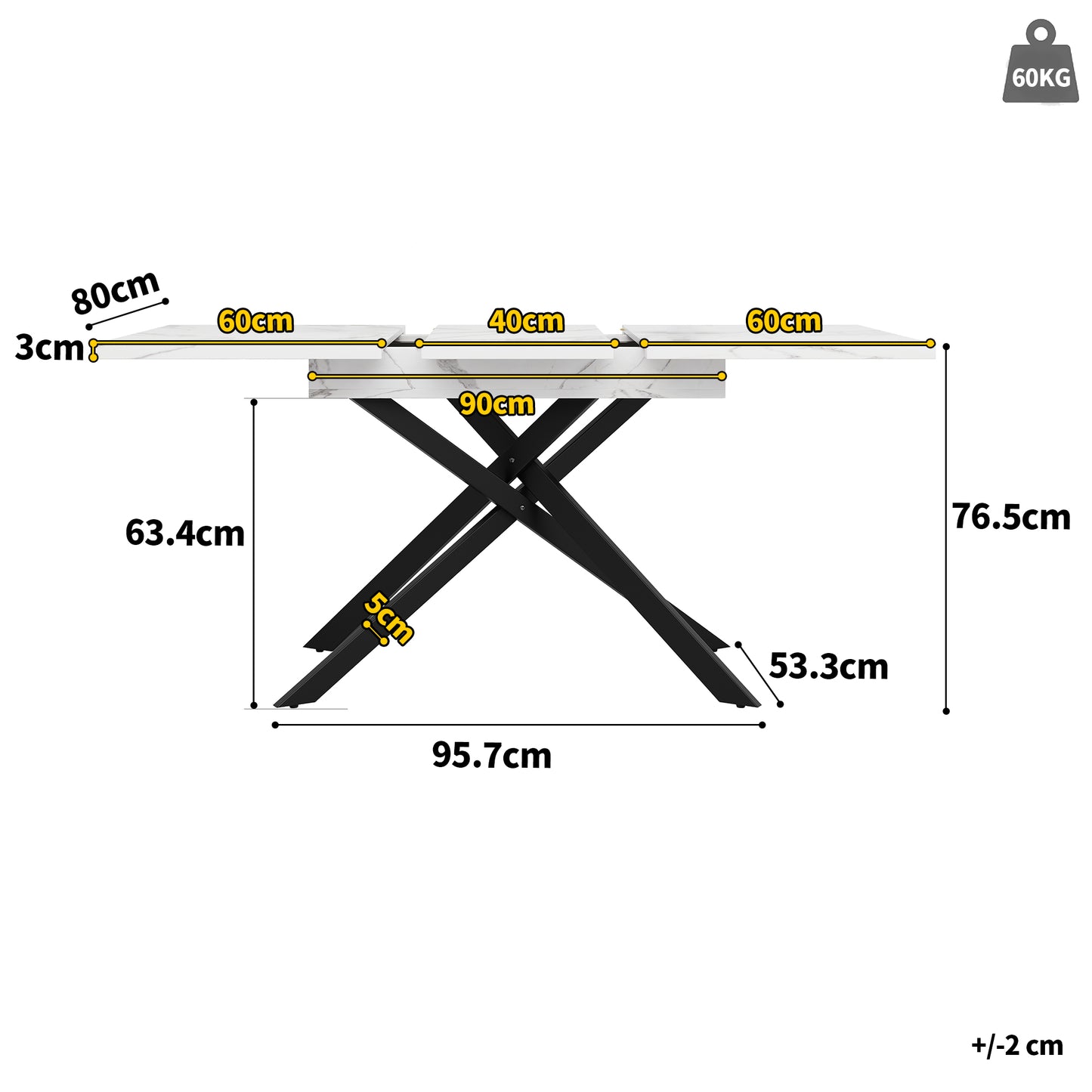 AI62 Decor White Marble Telescopic Dining Table with Black Crossed Iron Legs
