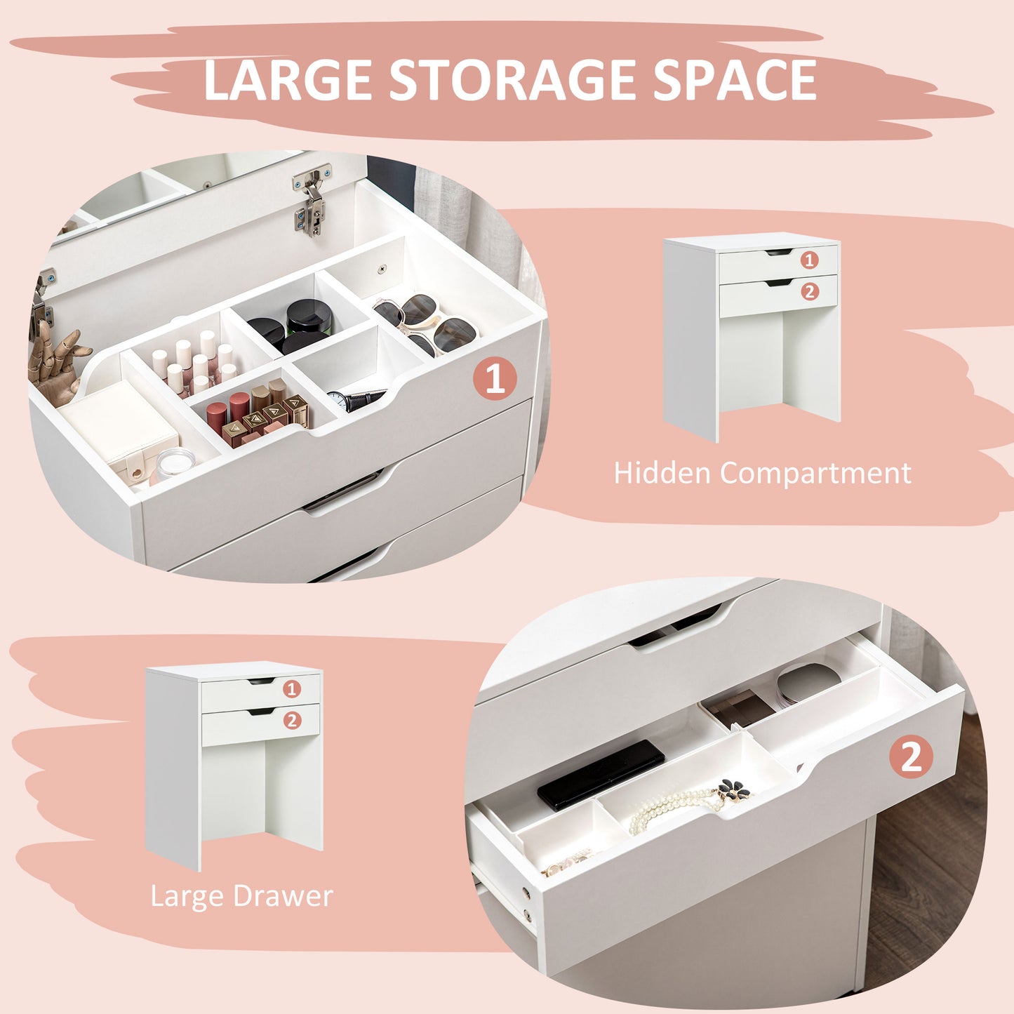 AI62 Decor Dressing Table & Storage Stool with Flip-Up Mirror – White