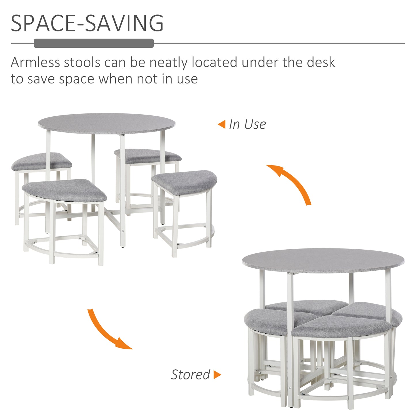 AI62 Decor Modern Round Dining Table Set with 4 Upholstered Stools – Grey