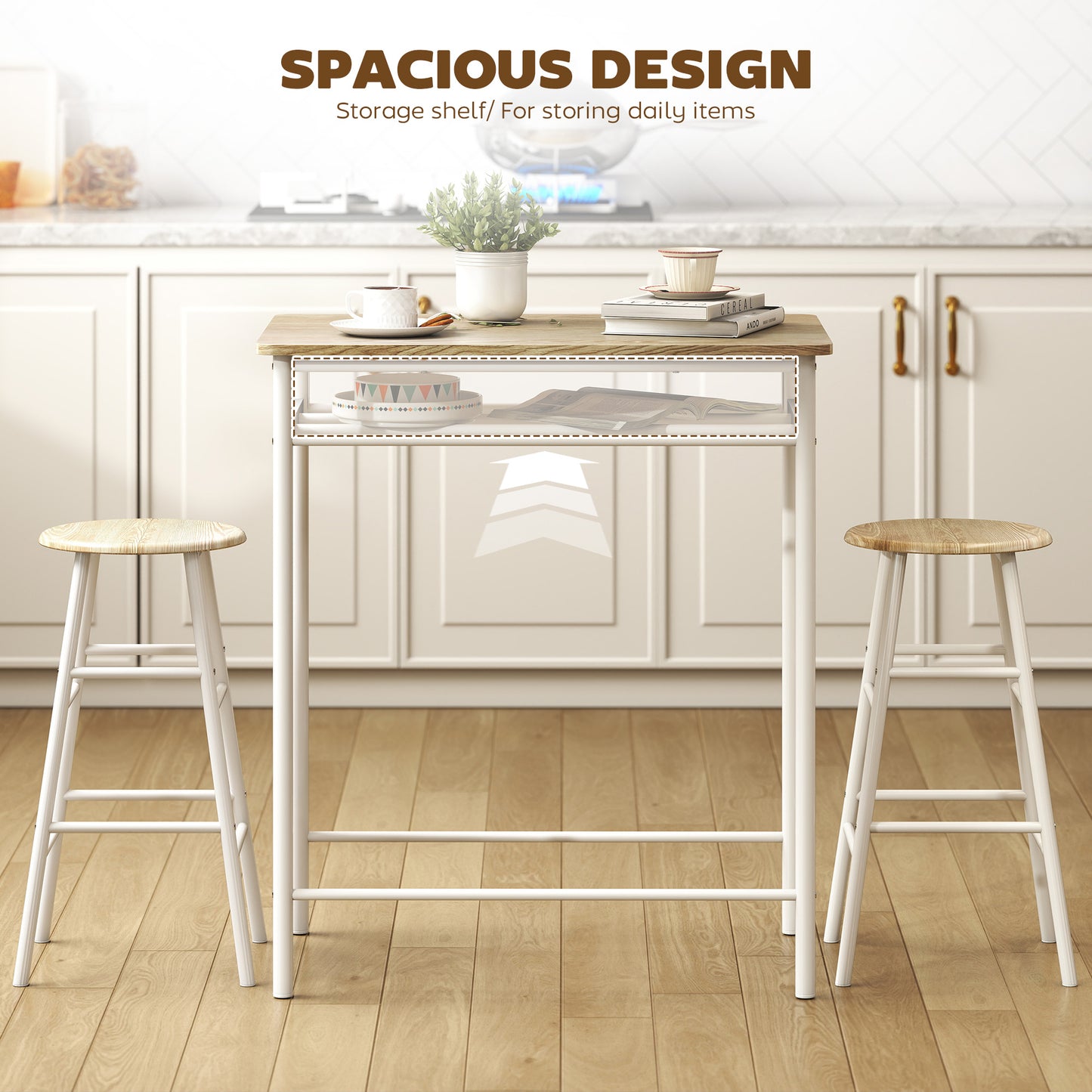 AI62 Decor Bar Table & Stools Set with Footrest & Shelf – White & Oak