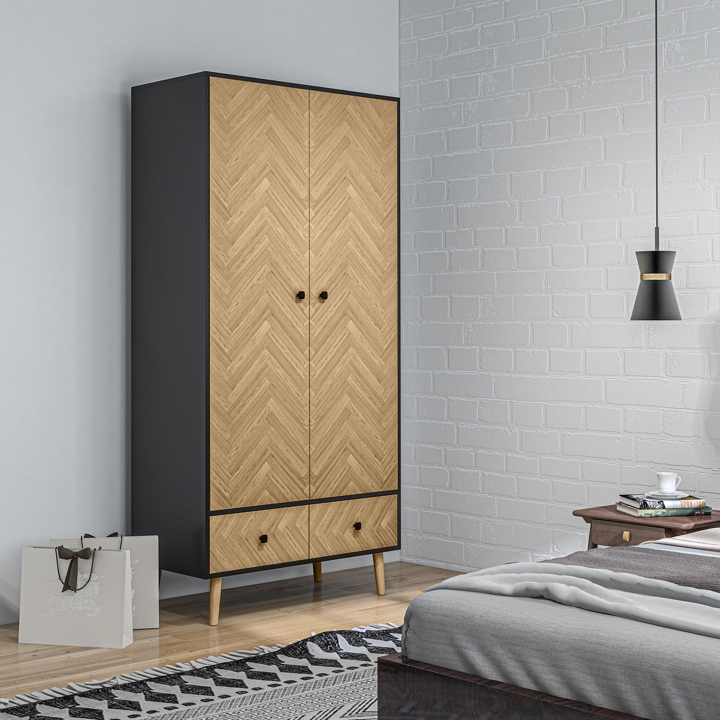AI62Decor Modern Wardrobe Cabinet with Shelves, Hanging Rod & Drawers