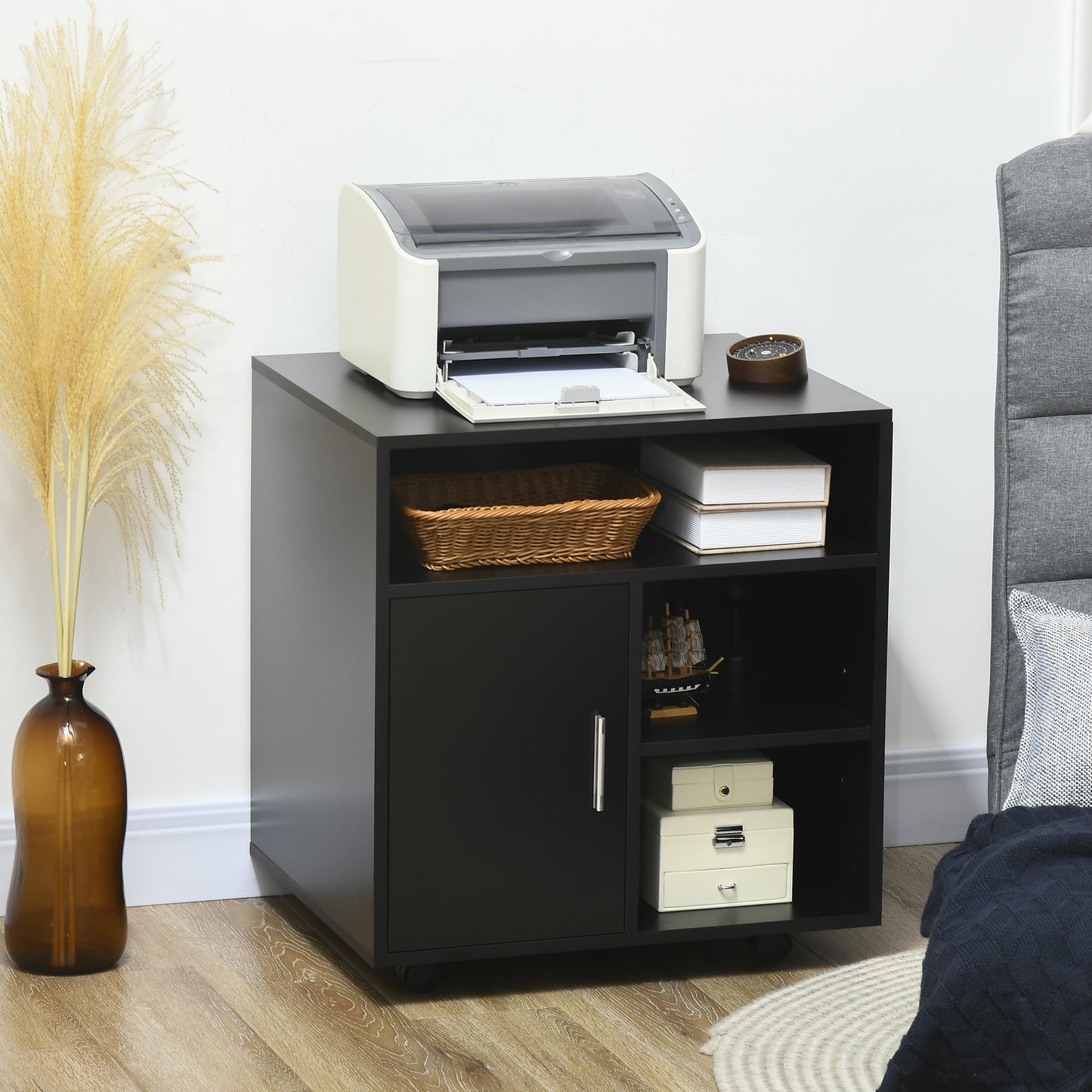AI62 Decor Mobile Printer Stand with Storage & Wheels – Black (60x50x65.5 cm)