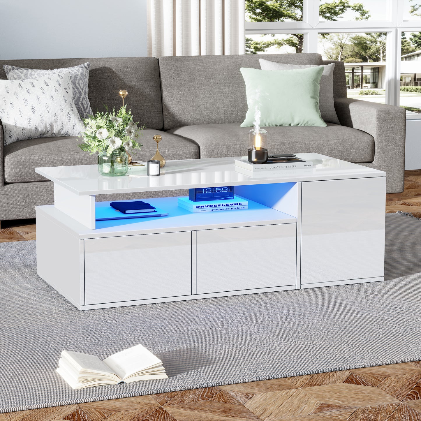 AI62 Decor High Gloss LED Coffee Table with Storage, 100×50×35 cm, White