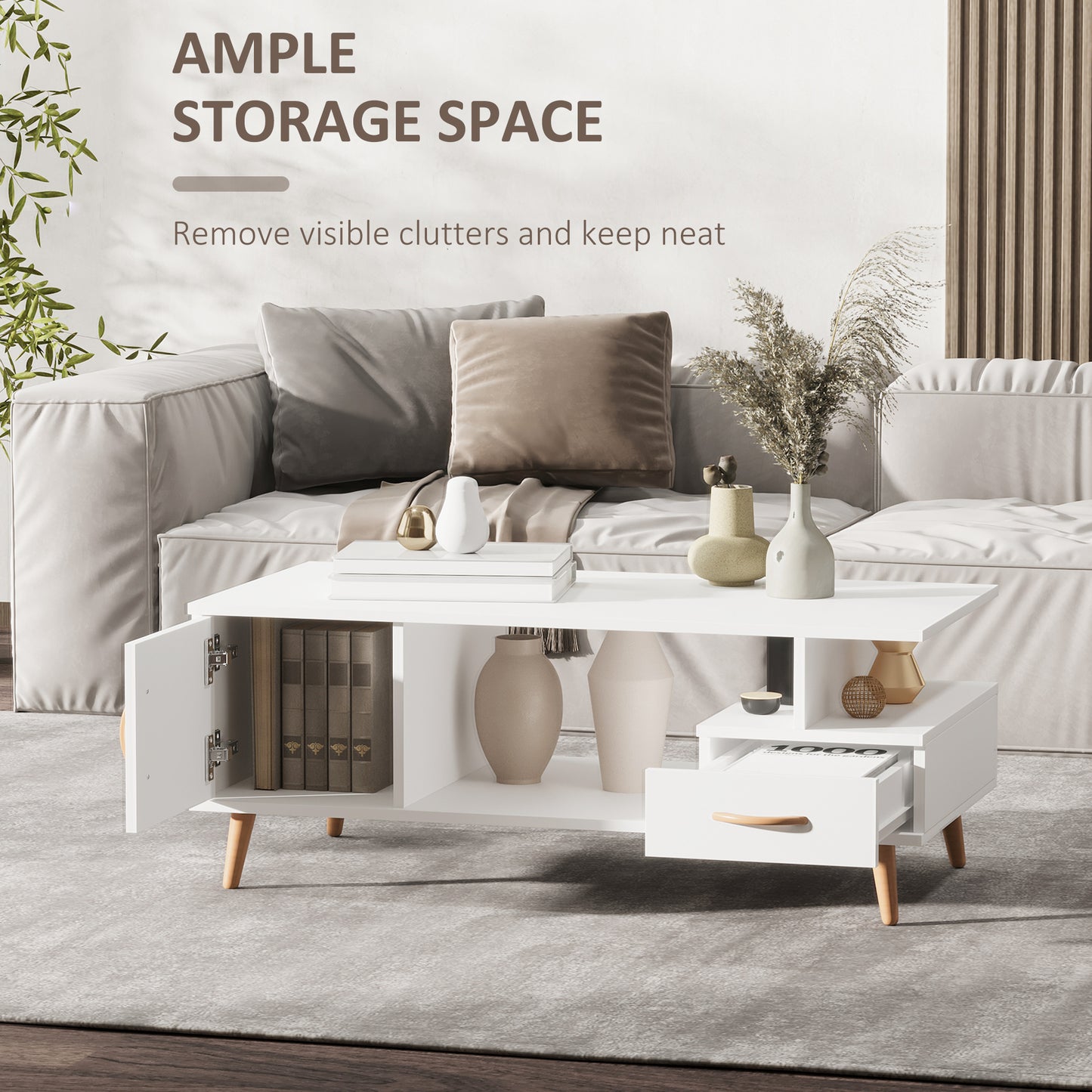 AI62 Decor Modern Coffee Table With Shelf & Drawer – White