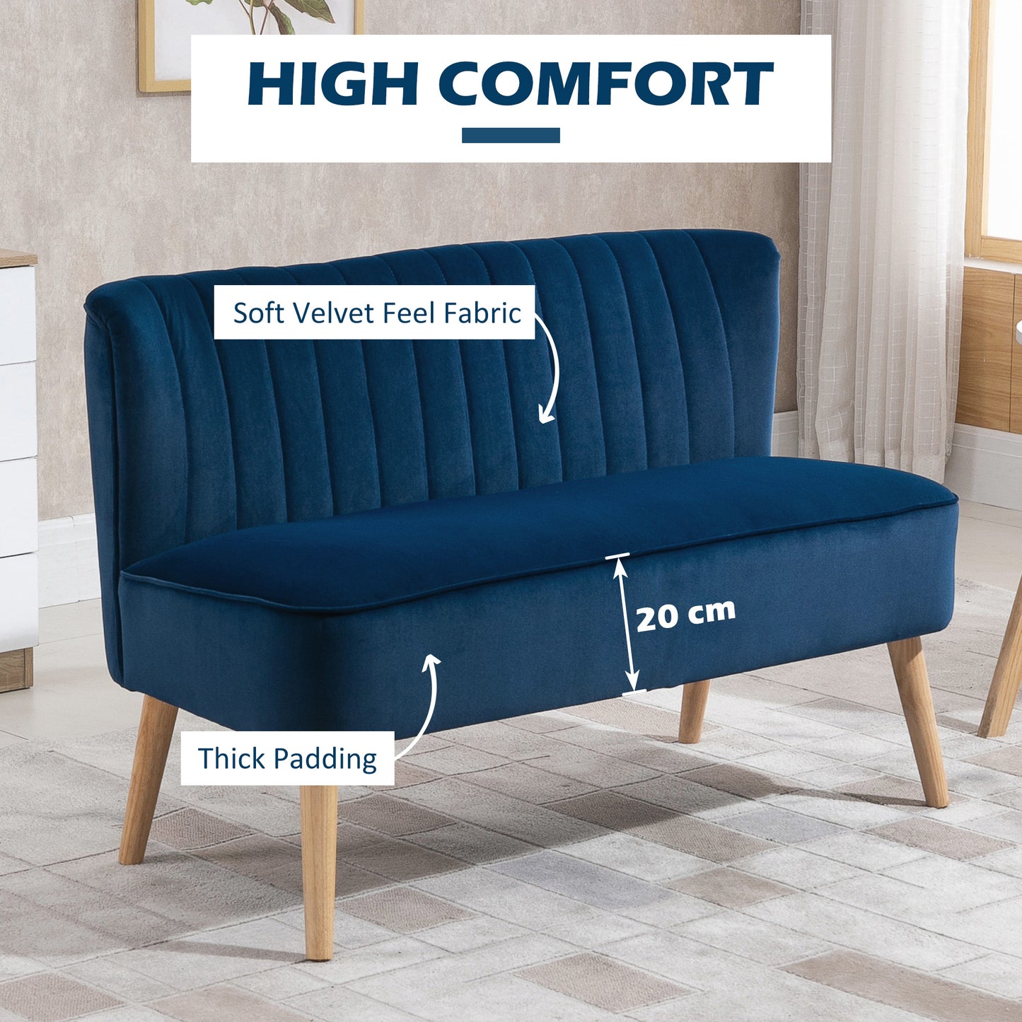 AI62 Decor Modern 2-Seater Sofa with High Back & Foam Padding – Dark Blue