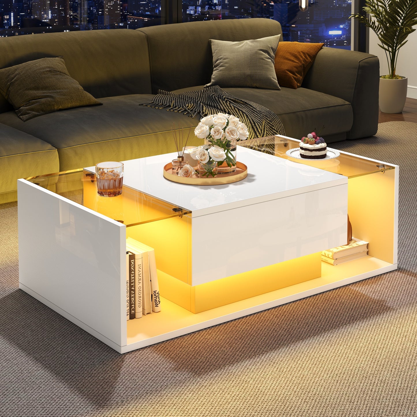 AI62 Decor LED High Gloss Coffee Table with Glass Top & Storage