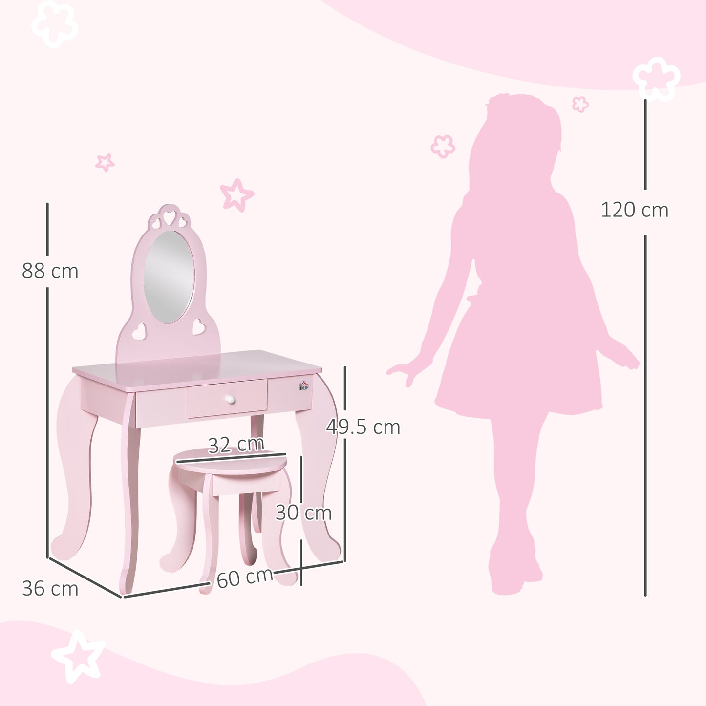 AI62 Decor Pink Kids Vanity Table & Stool Set with Mirror