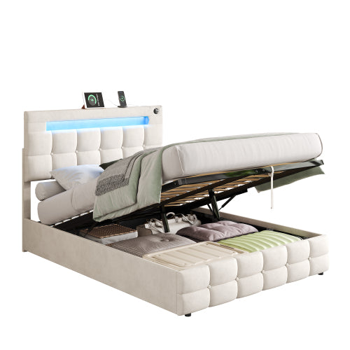AI62 Decor Double Upholstered Ottoman Bed 4ft6 with LED & Storage, Beige