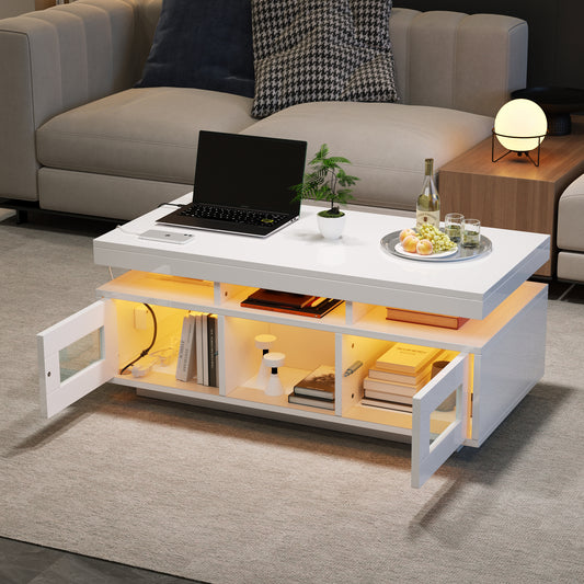 AI62 Decor High-Gloss LED Coffee Table with USB Ports & Storage Doors (White)