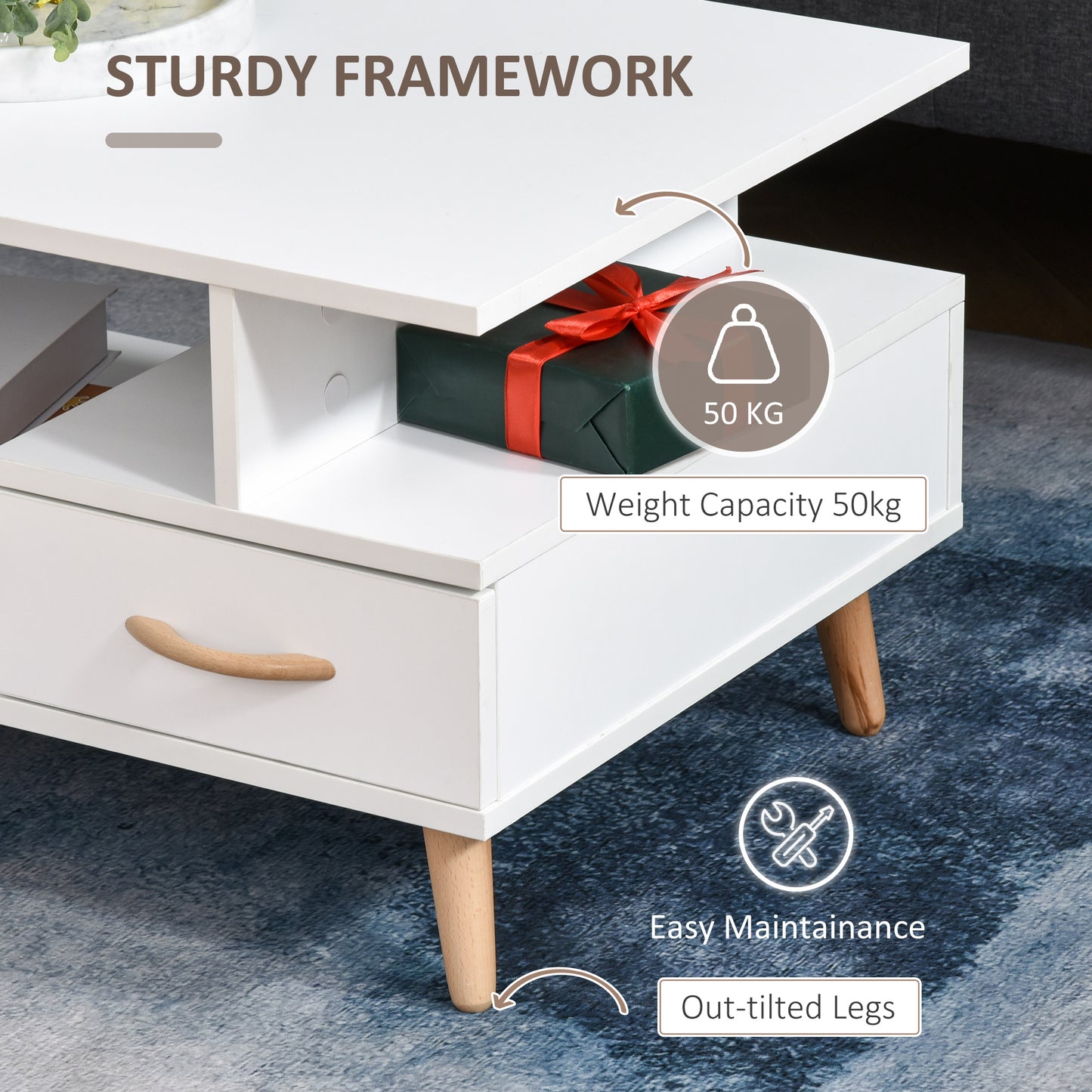 AI62 Decor Modern Coffee Table With Shelf & Drawer – White