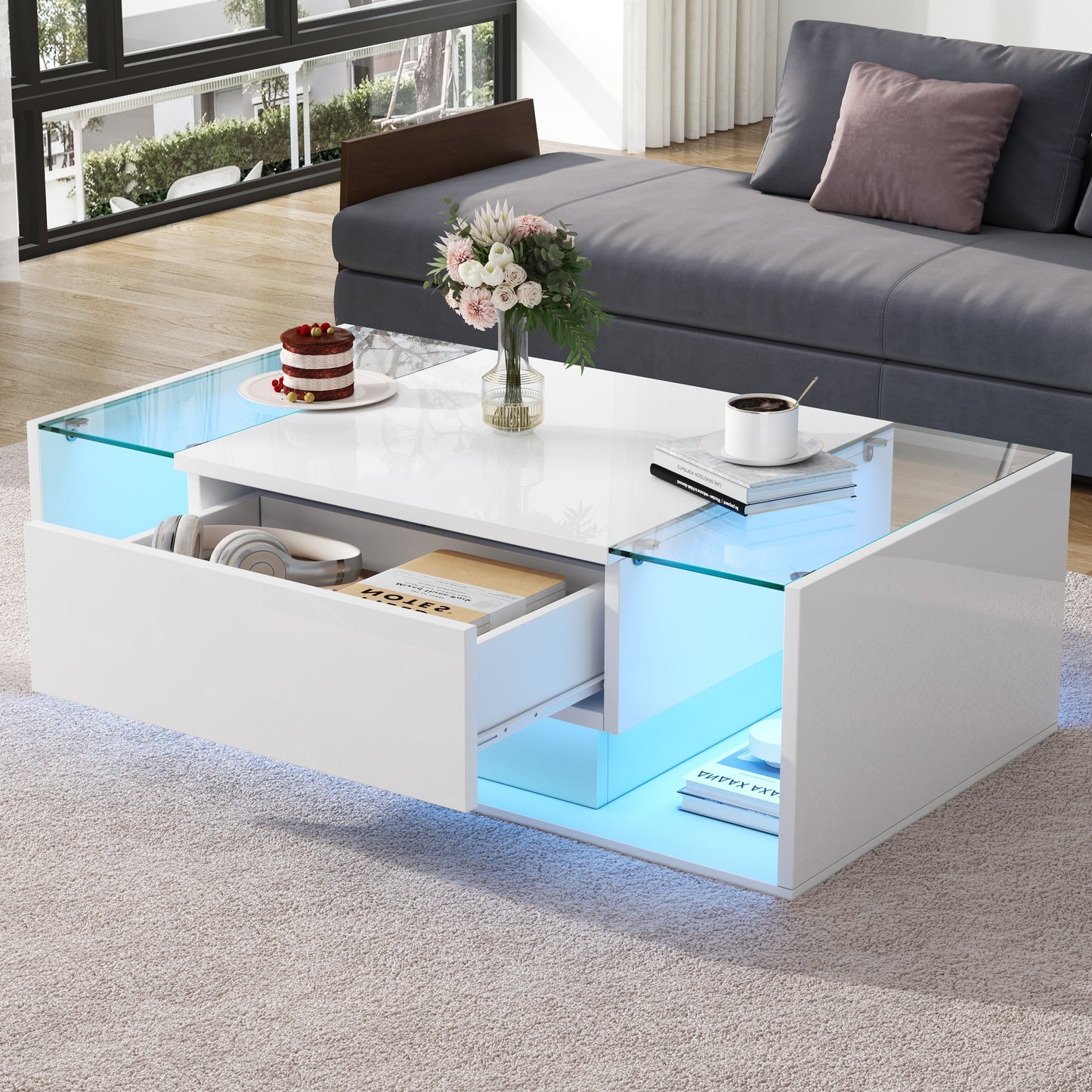 AI62 Decor LED High Gloss Coffee Table with Glass Top & Storage