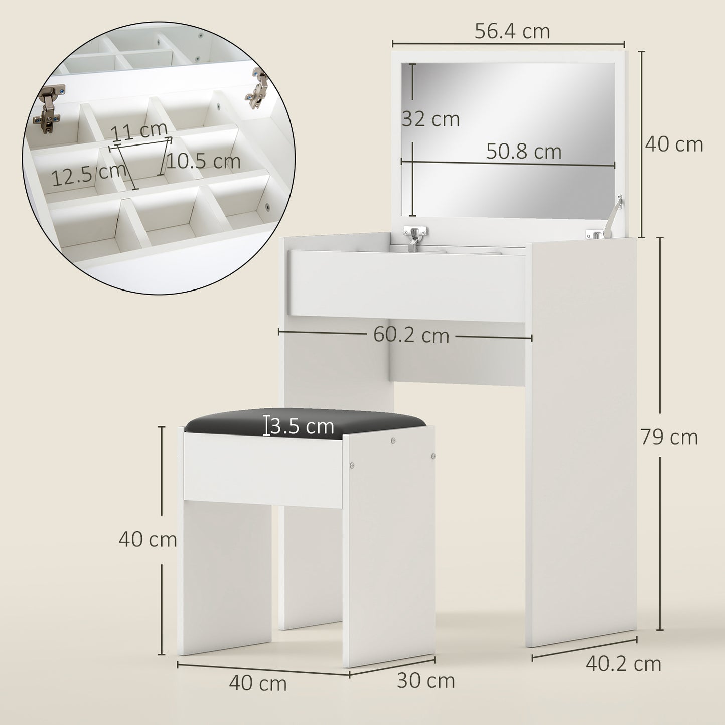 AI62 DecorVanity Dressing Table with Mirror & Stool – White