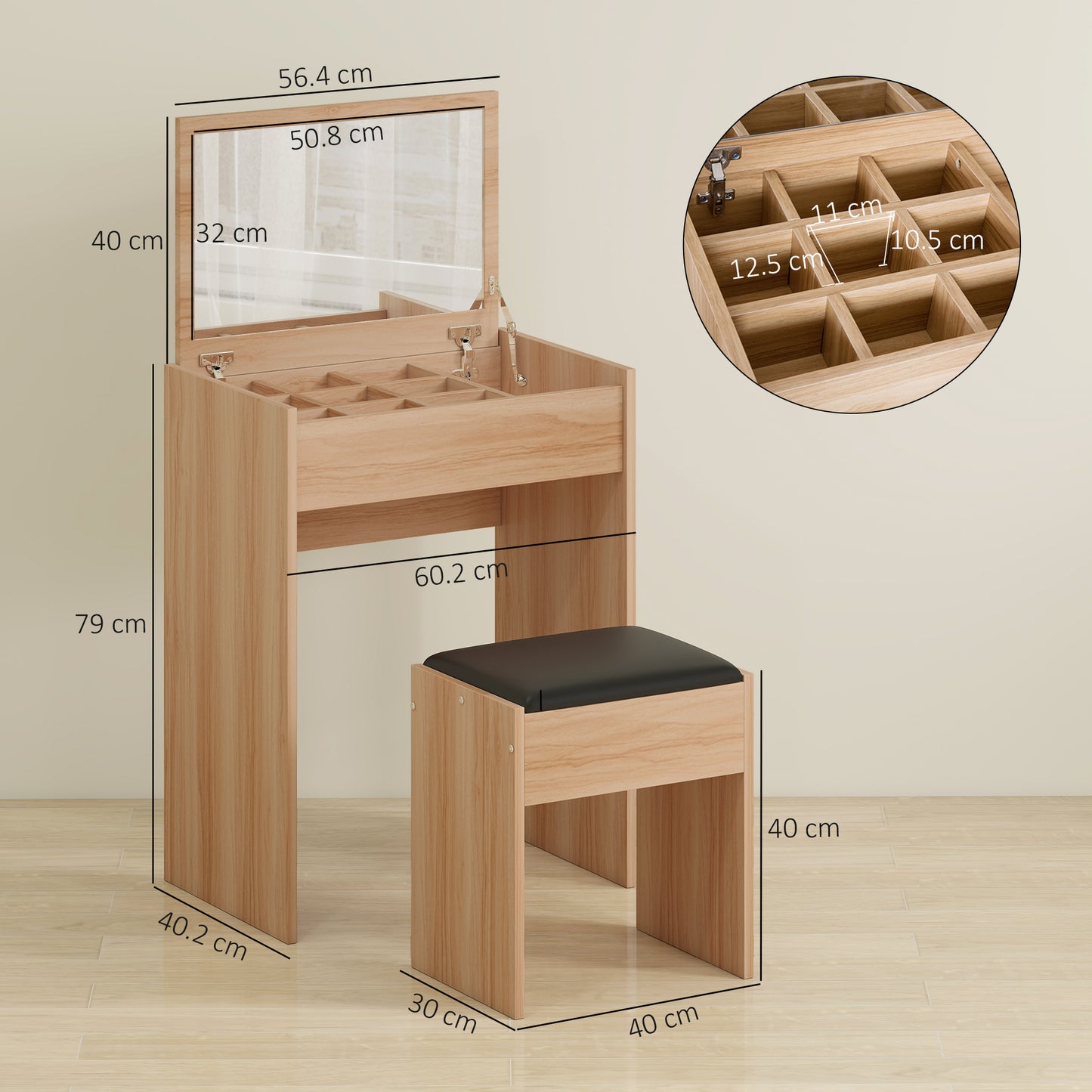 AI62Decor  Wooden Vanity Makeup Table with Mirror & Stool