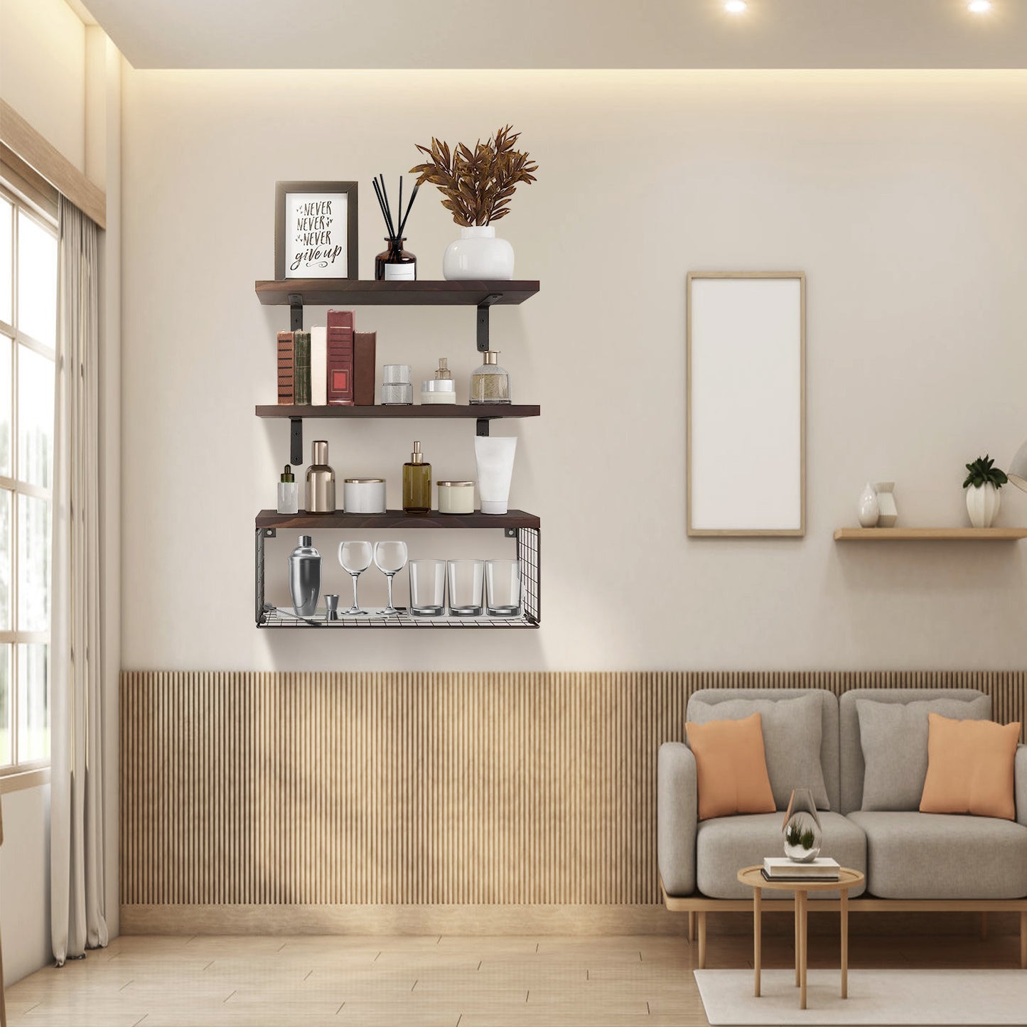 AI62 Decor 2-in-1 Floating Wall Shelves with Storage Basket for Home & Office
