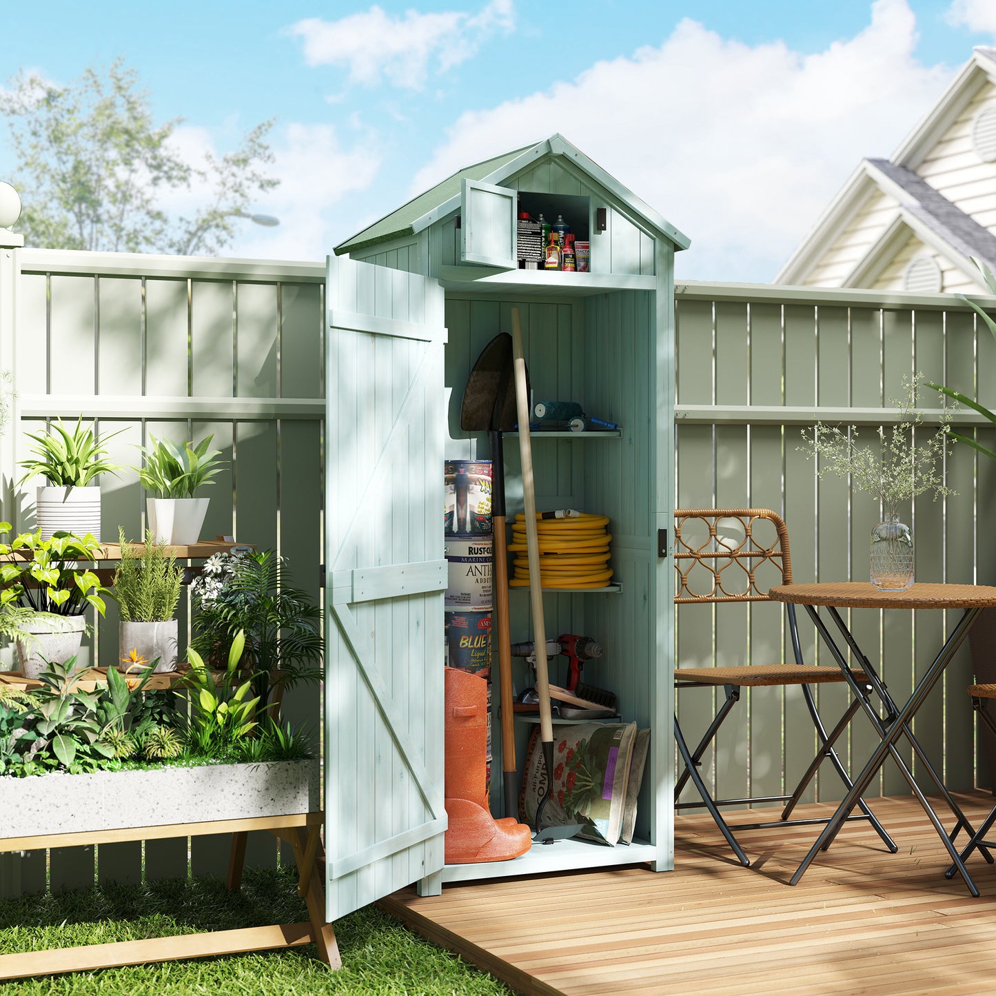AI62 Decor Garden Shed with 3 Shelves, Outdoor Storage Cabinet – Blue