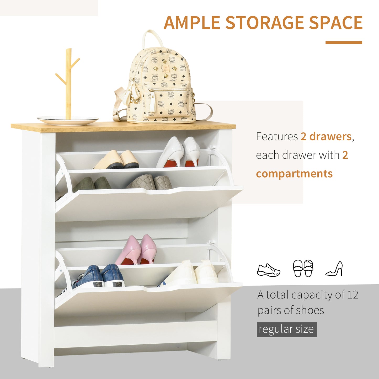 AI62 Decor Narrow Shoe Cabinet with 2 Flip Drawers & Adjustable Shelves – White