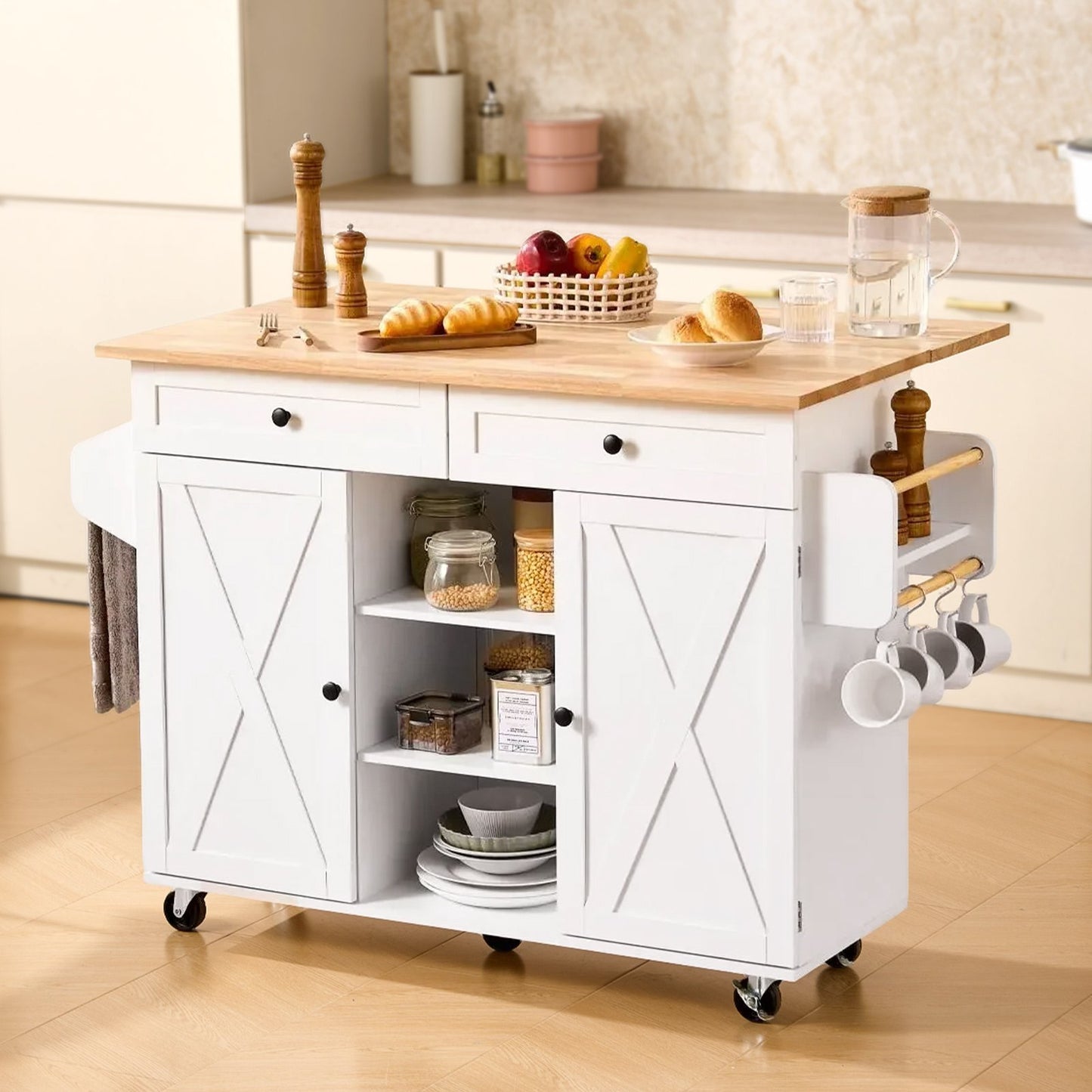 AI62 Decor Kitchen Island Cart 132cm with Storage & Drop Leaf