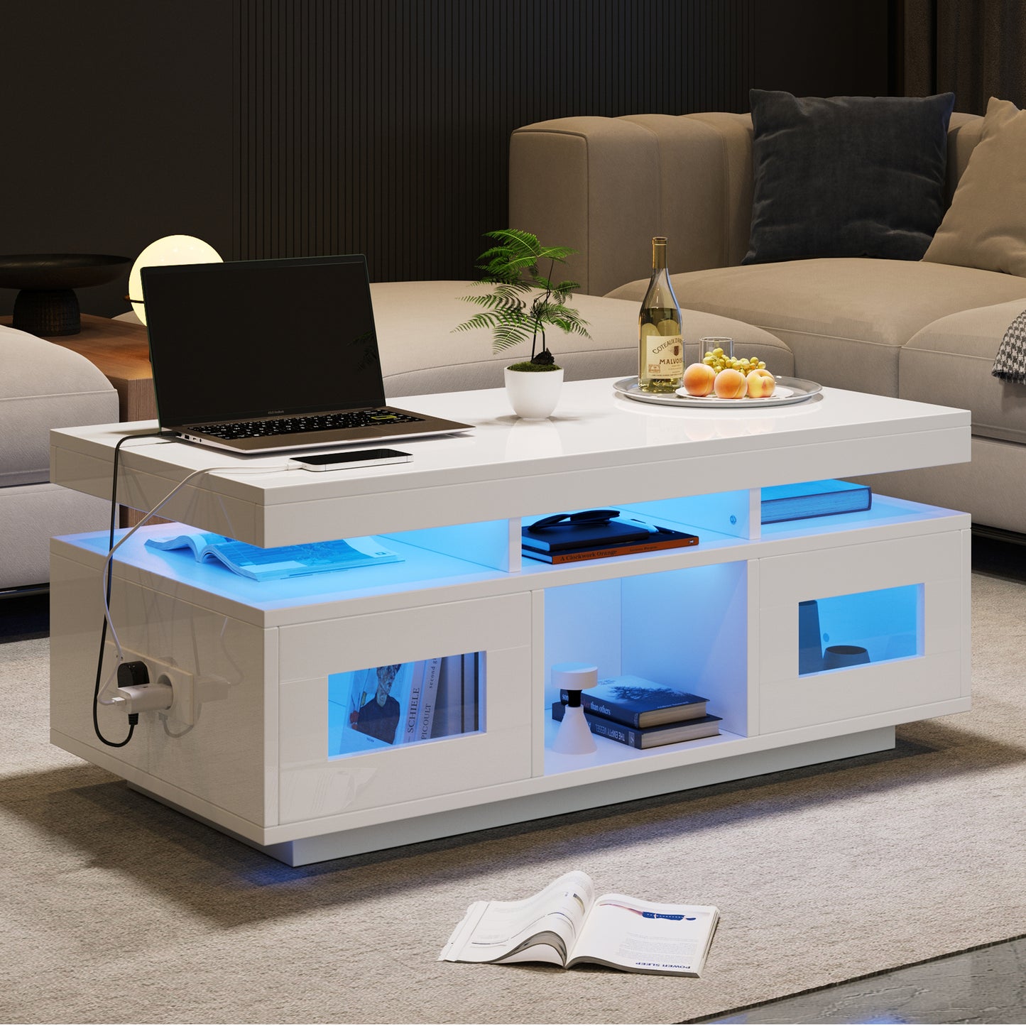 AI62 Decor High-Gloss LED Coffee Table with USB Ports & Storage Doors (White)