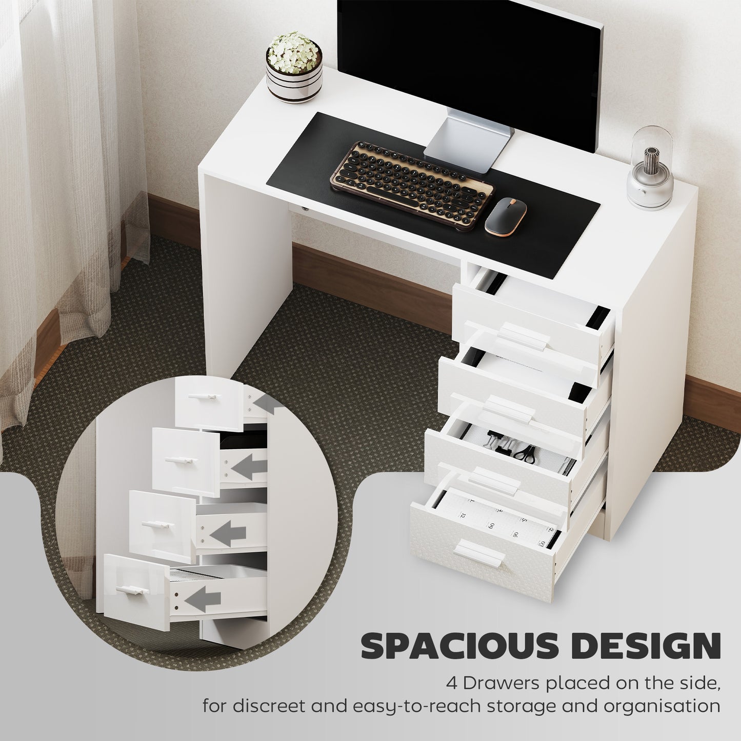 AI62 Decor High Gloss Computer Desk with Drawers, White