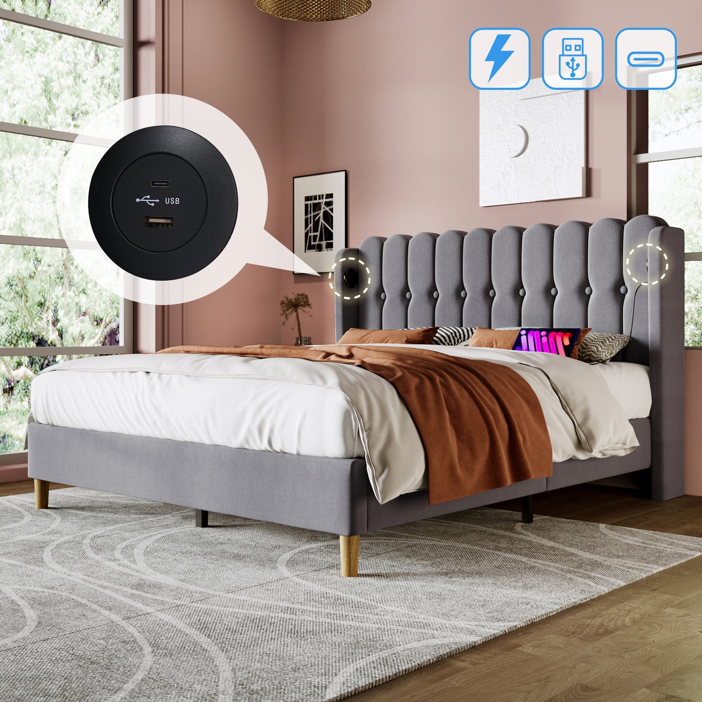 AI62 Decor Grey Linen Double Bed with USB & Type-C Charging