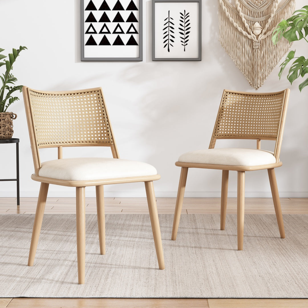 AI62 Decor  Set of 4 Bamboo Kitchen Chairs with PU Seat & Rattan Backrest – Beige