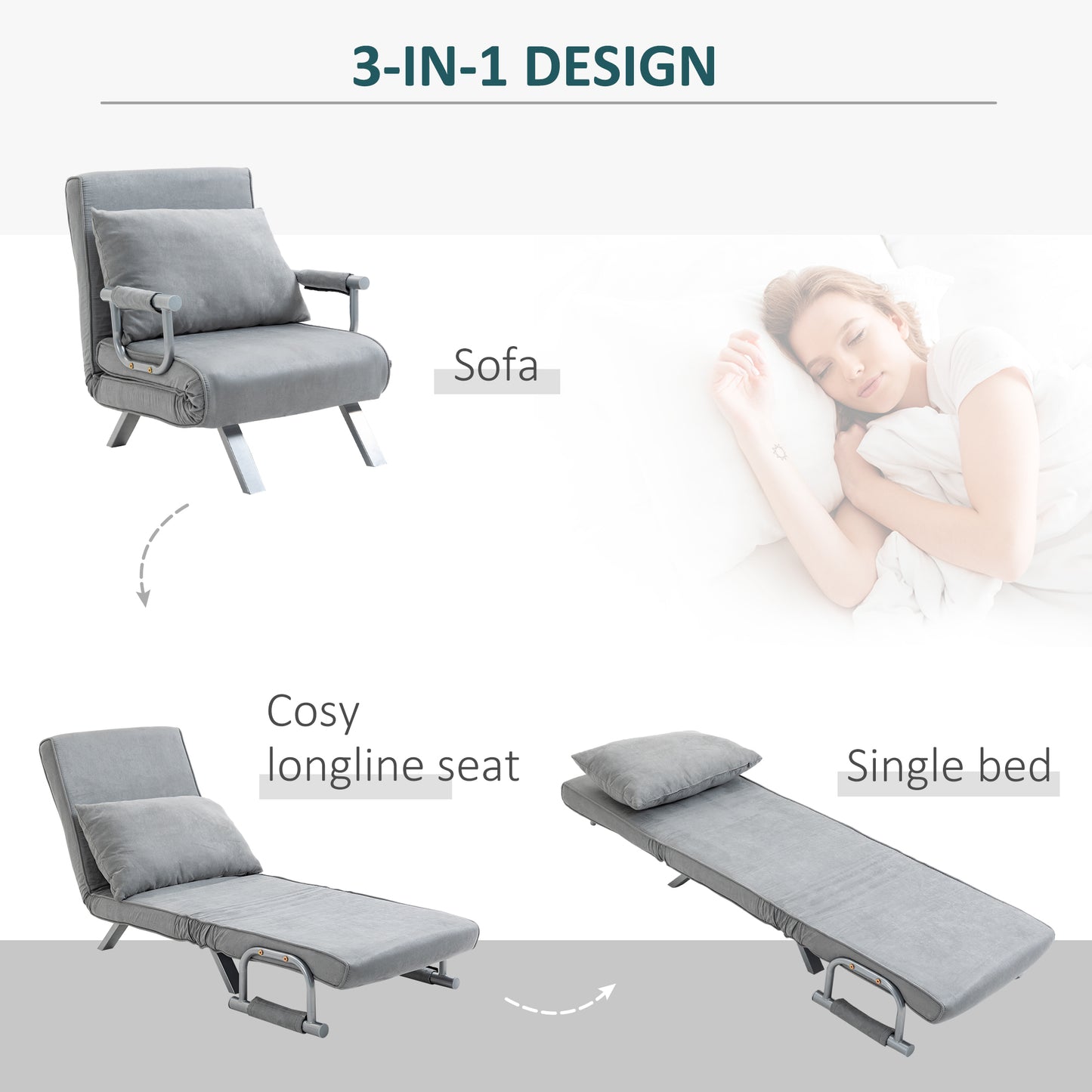 AI62 Decor Suedette Adjustable Back Futon Sofa Chair - Grey