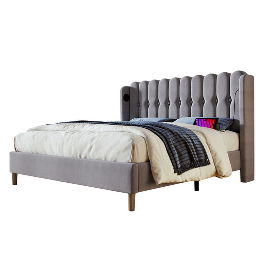 AI62 Decor Grey Linen Double Bed with USB & Type-C Charging