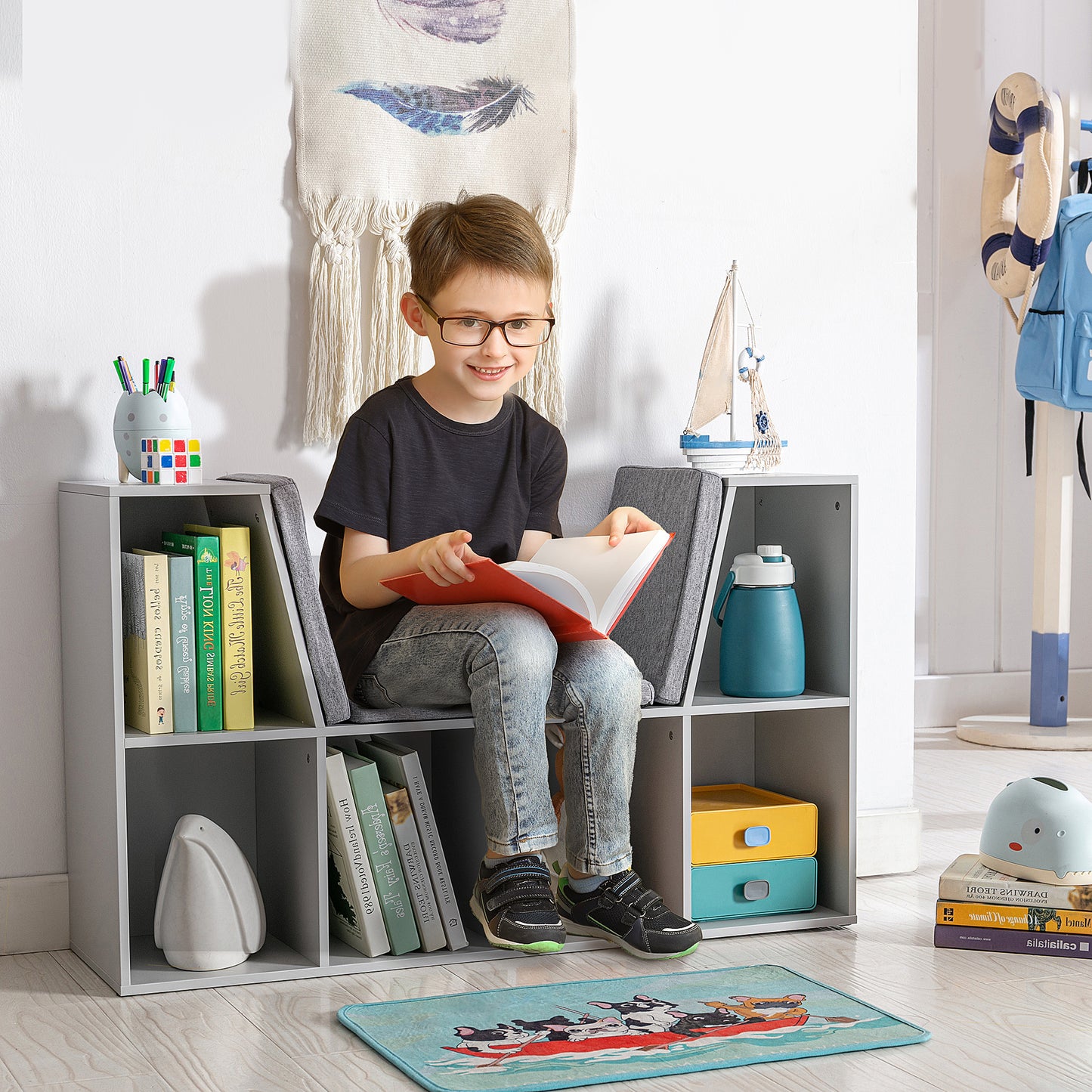 AI62Decor Kids 6-Compartment Bookcase Storage Cabinet with Seat Cushion – Grey