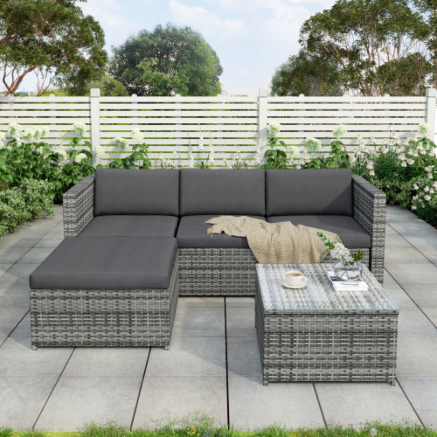 AI62 Decor Grey Rattan Garden Corner Sofa