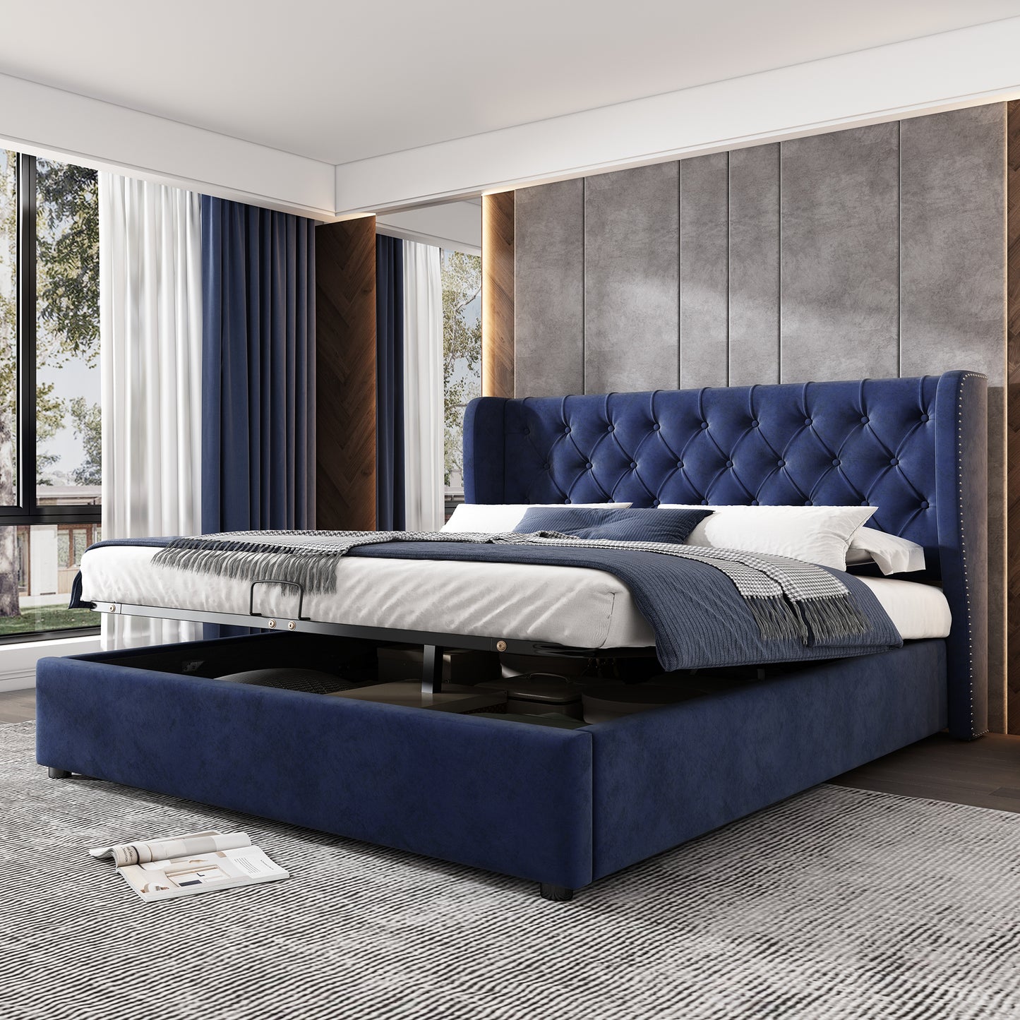 AI62 Decor Upholstered Storage Bed with Hydraulic Lift – 135 x 190 cm, Blue Velvet