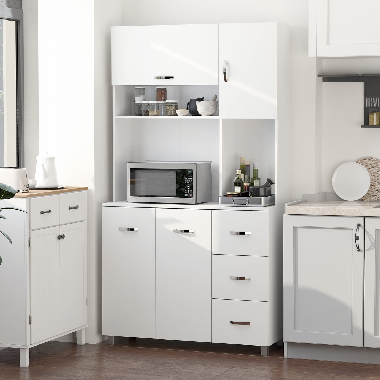 AI62 Decor 183cm White Kitchen Storage Cabinet with Countertop, Drawers & Doors