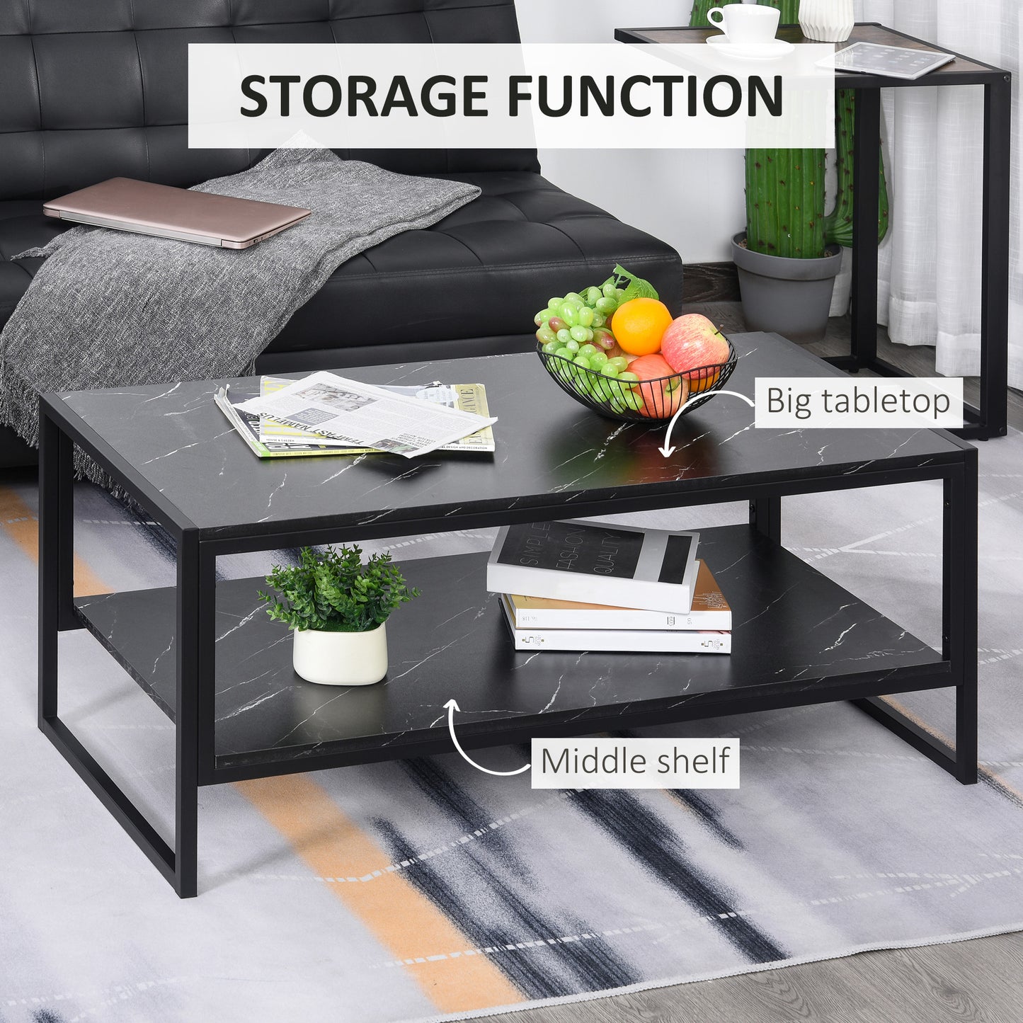 AI62 Decor Black Coffee Table with Storage Shelf
