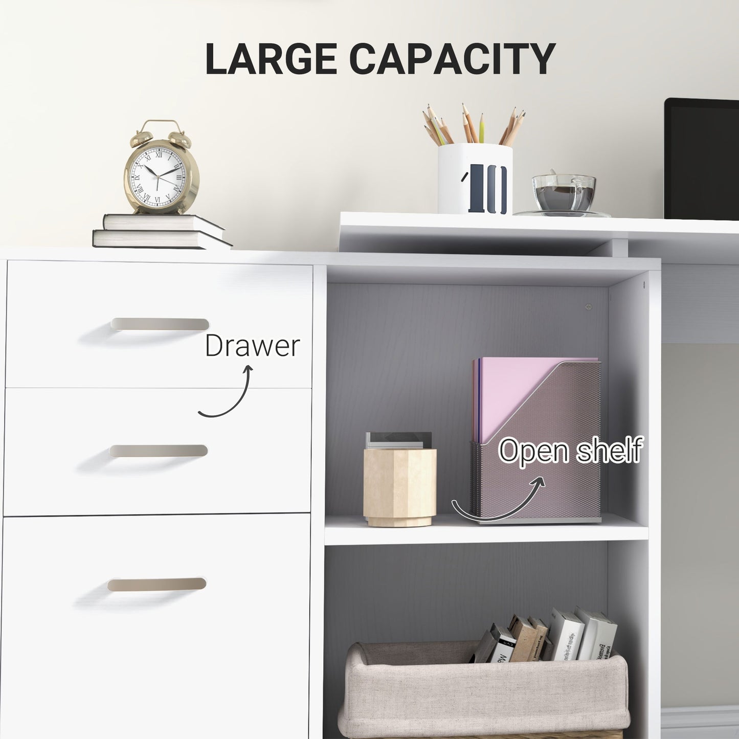 AI62 Decor L-Shaped Computer Desk with Drawers & Storage Shelves - White