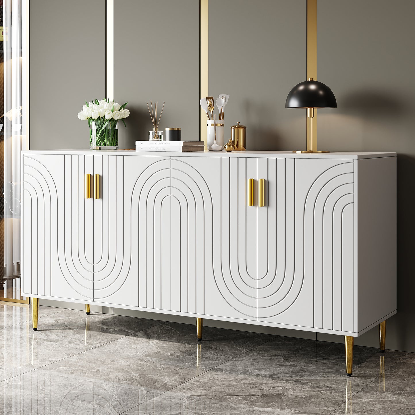 AI62 Decor White Wave Sideboard 152×40×75 cm with Gold Accents