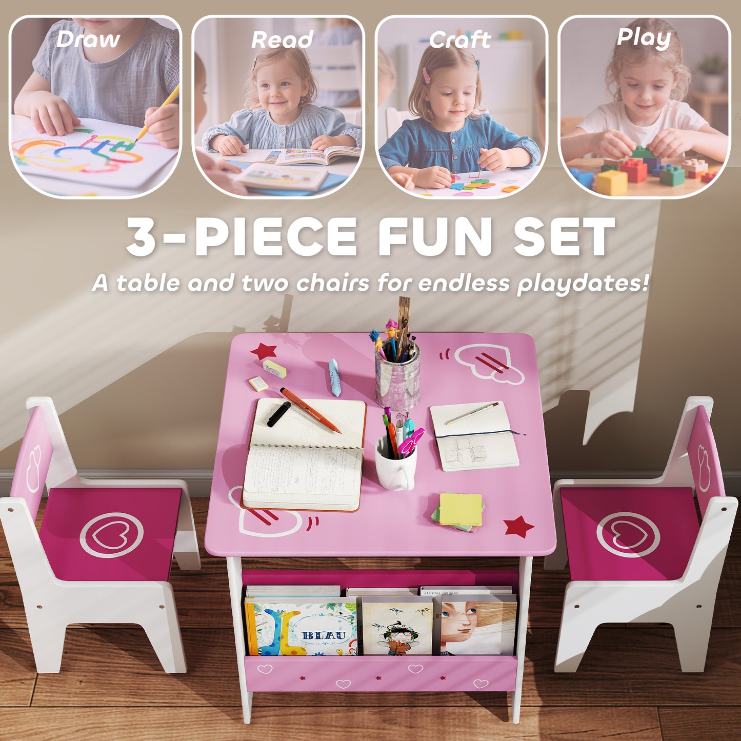 AI62 Decor Kids 3-Piece Table & Chair Set with Bookshelf – Pink