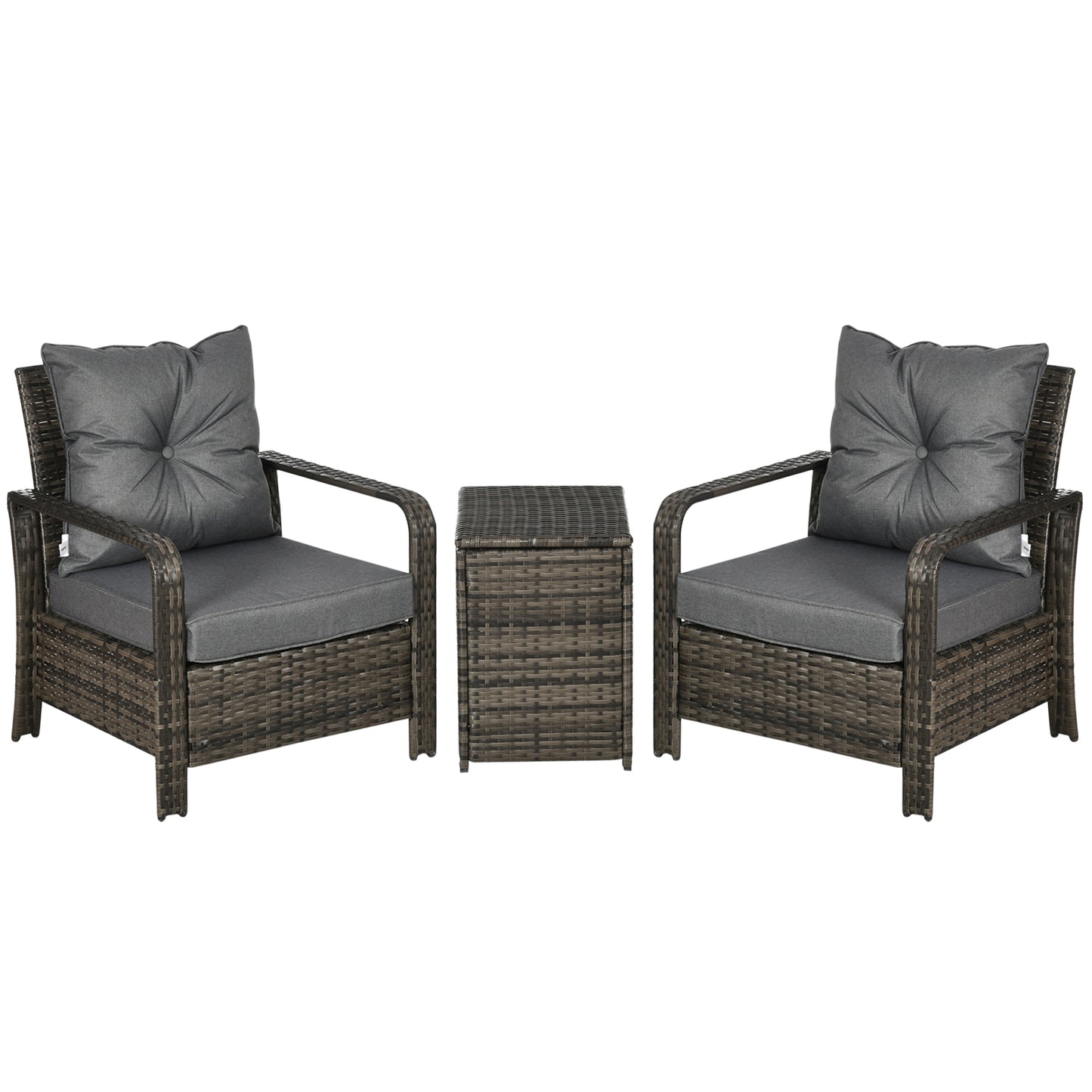 AI62 Decor 3-Piece Rattan Bistro Set with Storage Table & Cushioned Chairs – Grey