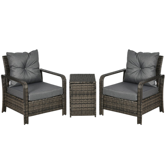 AI62 Decor 3-Piece Rattan Bistro Set with Storage Table & Cushioned Chairs – Grey