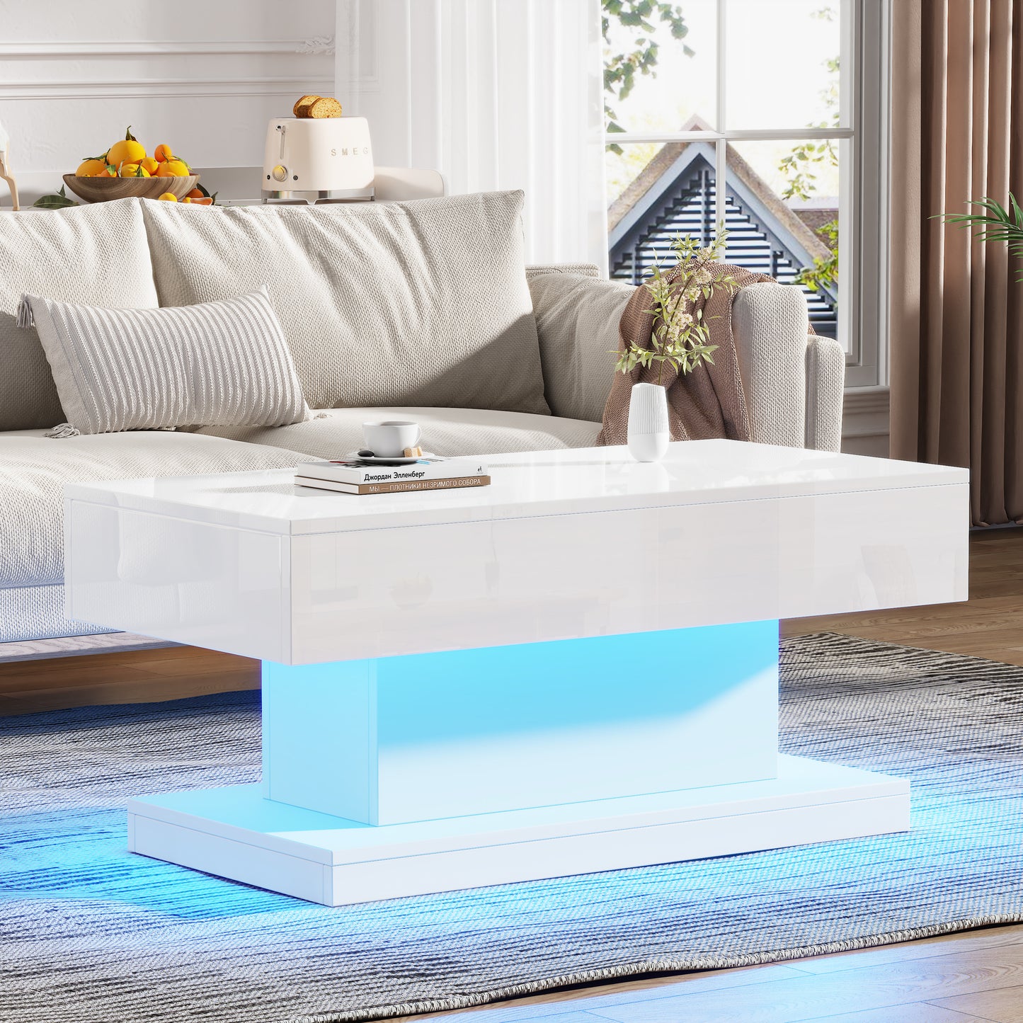 AI62 Decor High-Gloss LED Coffee Table with 2 Drawers (White, 100×50×45 cm)