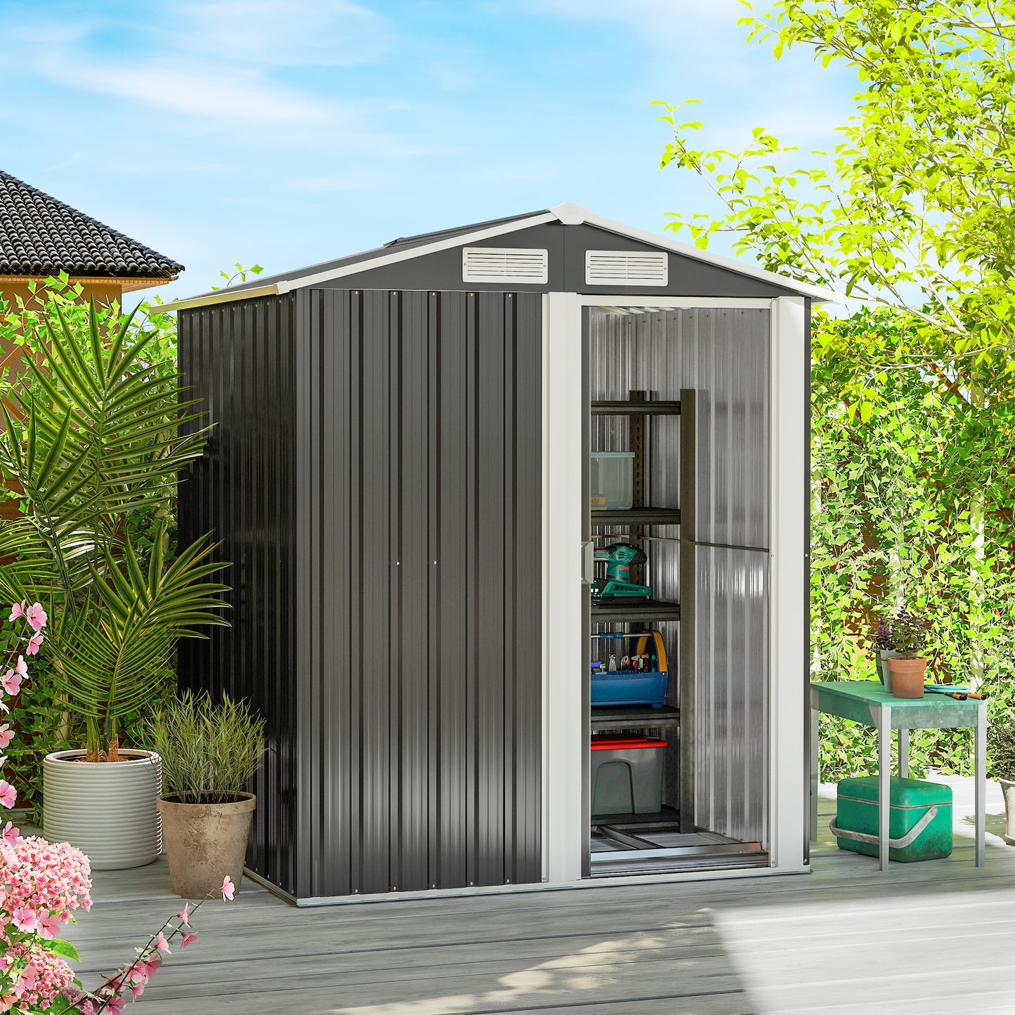 AI62 Decor Garden Metal Tool Shed with Sliding Door & Sloped Roof, Grey