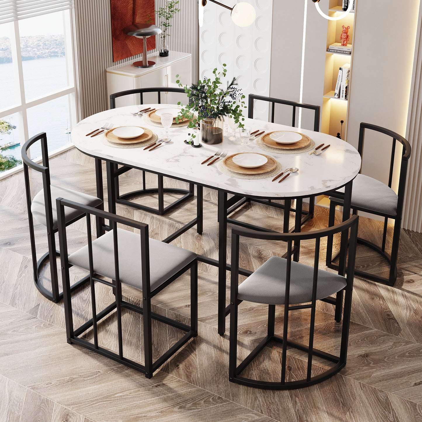 AI62 Decor  Modern Dining Set Gray Cushioned Chairs
