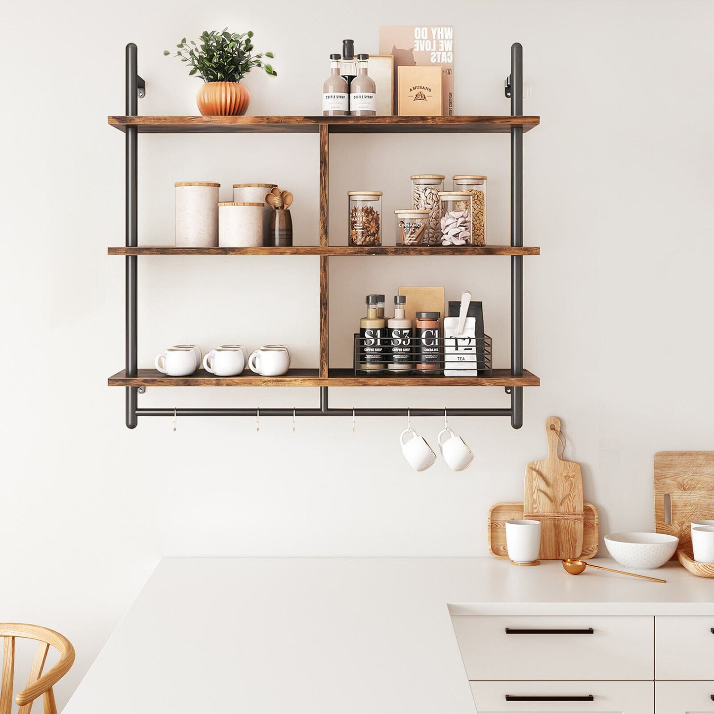 AI62 Decor 3-Tier Floating Wall Shelves with Metal Brackets for Bathroom