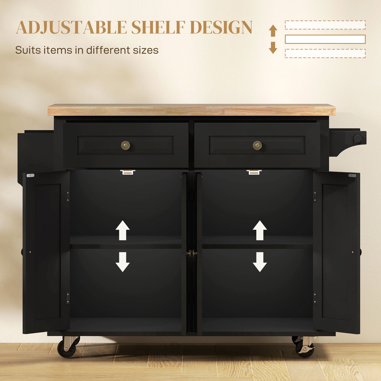 AI62 Decor Rolling Kitchen Island Cart with Rubberwood Top & Drawers, Black