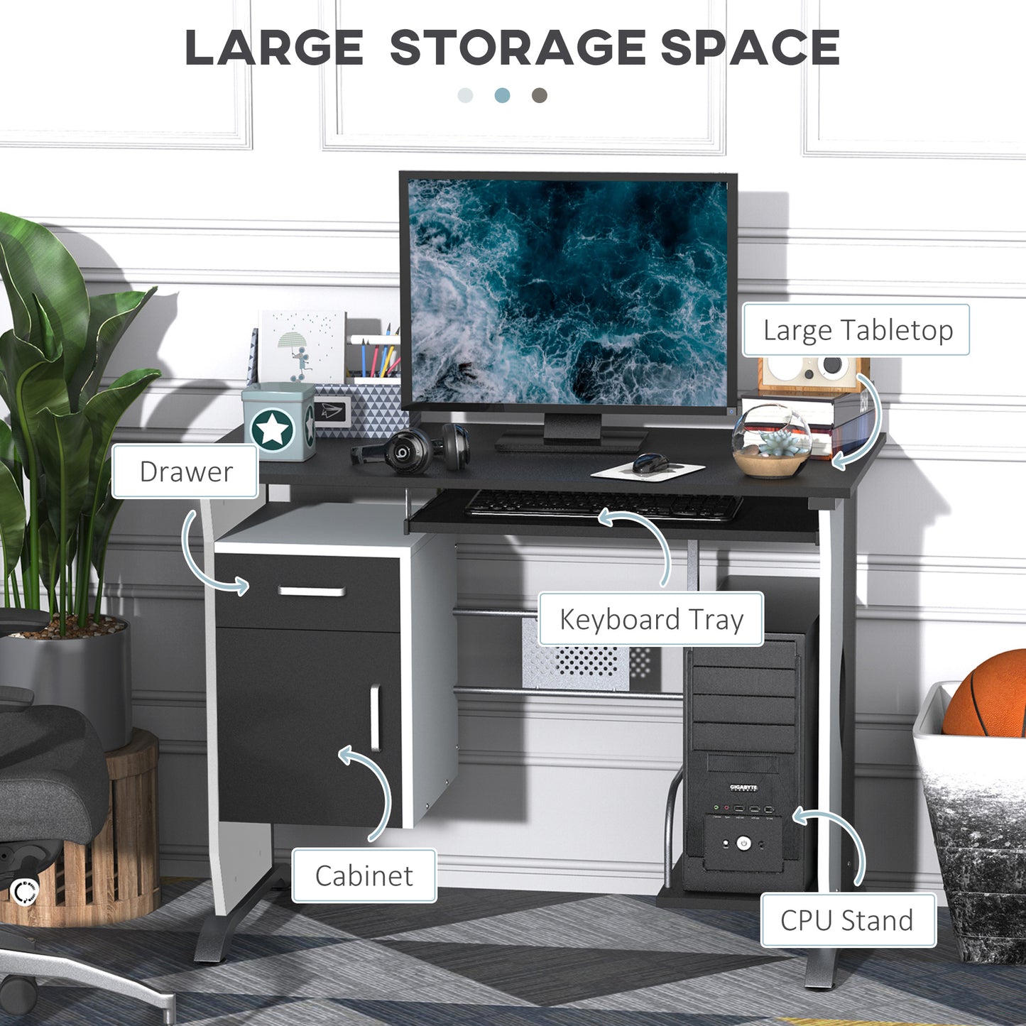 AI62 Decor Black Computer Desk with Drawers & Keyboard Tray – 100x52x75cm